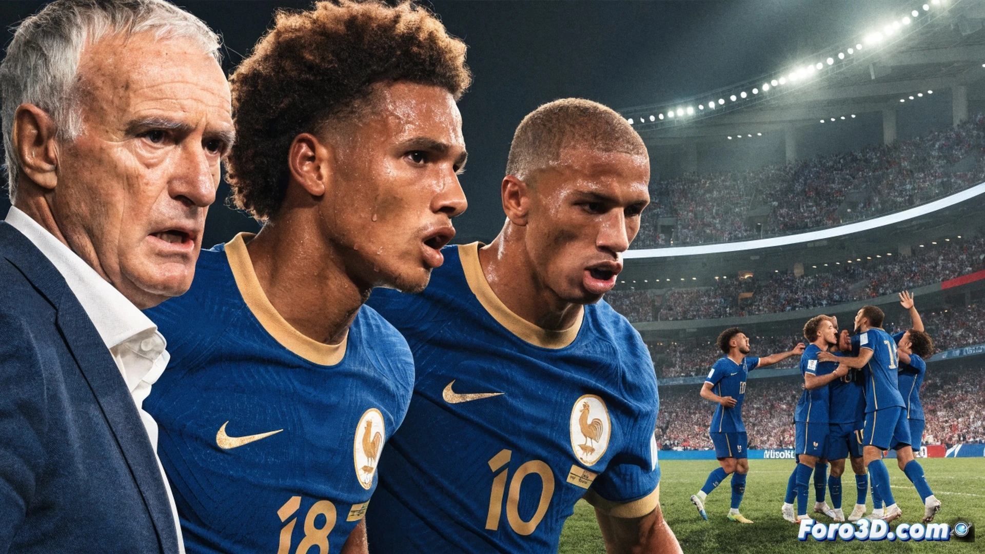 French national football team tactical formation on a digital tactical board, coach pointing at defensive gaps while a glowing heatmap shows opponent counterattack trajectories, tablet displaying player positioning data with red error markers near the midfield zone, cinematic sports analytics visualization, dark blue and white team colors, holographic player icons with motion lines showing missed coverage, ultra-detailed tactical interface, dramatic stadium lighting in background, photorealistic technical render