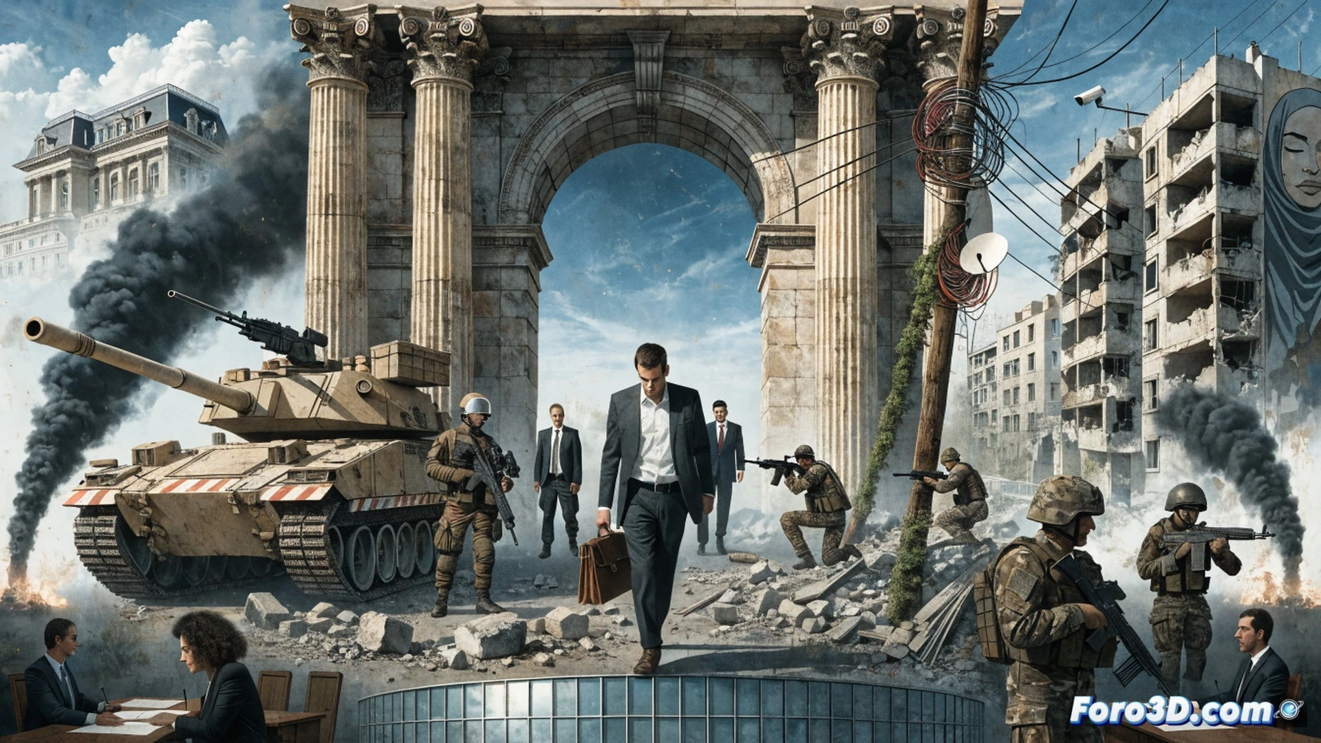 photorealistic scene of a fractured globe with Europe and Middle East highlighted, one side showing a gavel and scales of justice tilted heavily, the other side showing military drones and missiles casting long shadows over a courtroom, a broken sword lies on the floor between them, cinematic lighting from above creating dramatic contrast, ultra-detailed textures of cracked ceramic globe surface, polished wooden courtroom floor reflecting the scene, technical illustration style with sharp focus on the unbalanced justice system, atmospheric haze around the edges, photorealistic 3D render
