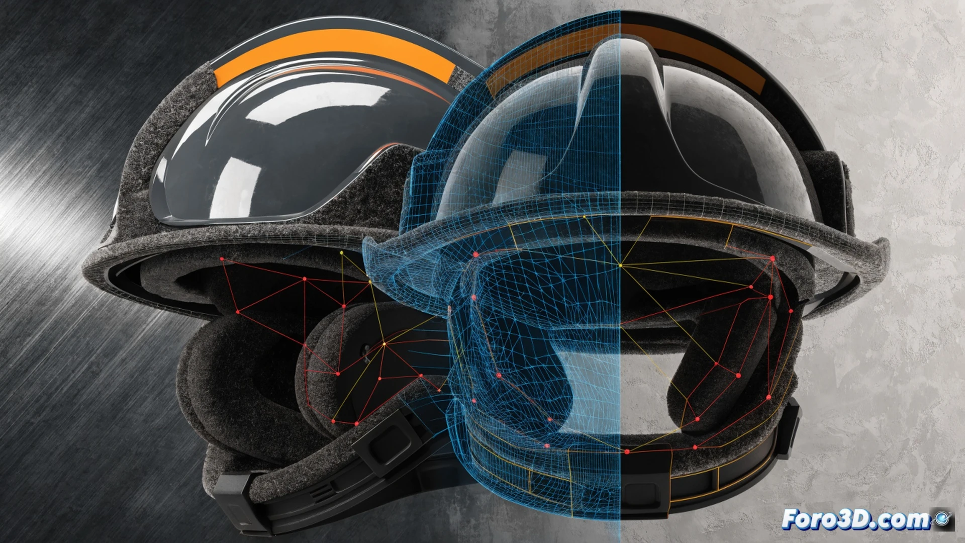 cross-section view of a firefighter helmet shell, digital caliper measuring reduced polycarbonate thickness at the back neck area, 3D model comparison overlay showing certified design in green versus thin final product in red, Geomagic Control X software interface visible on a monitor, VGSTUDIO MAX analysis window with color-coded deviation map, dramatic industrial lighting, metallic and plastic textures, photorealistic engineering visualization, forensic quality control scene