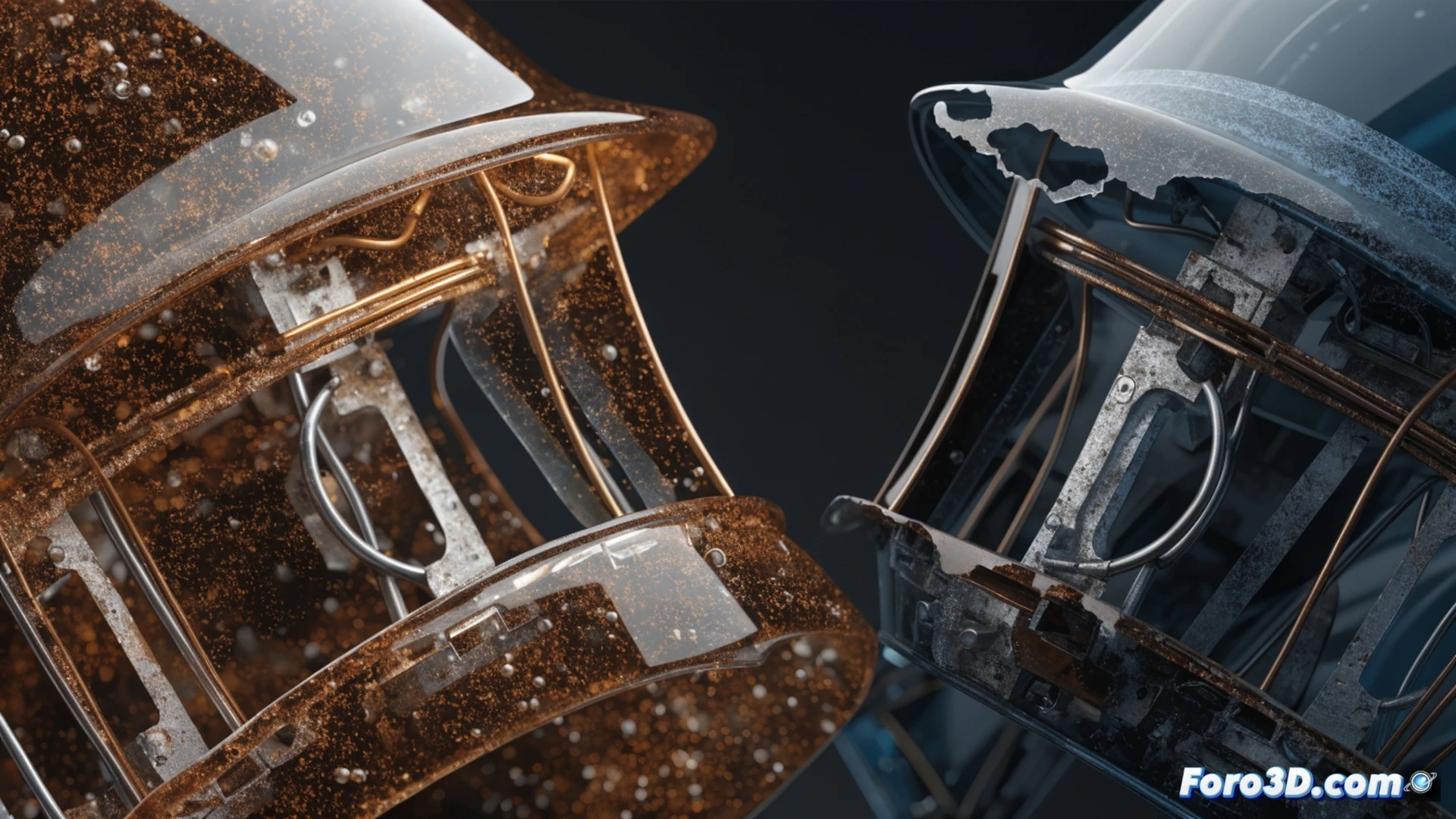 Photorealistic technical illustration of a soldering helmet cross-section, clearly showing reduced layers of fire-resistant resin compared to a certified standard helmet beside it, molten metal splashes hitting the thinner helmet surface causing visible deformation and burn-through, worker’s hand holding a welding torch in action during the test, industrial lab setting with measuring instruments and thermal sensors, dramatic side lighting highlighting material failure, ultra-detailed layered composite structure, engineering visualization style, safety certification labels peeling off