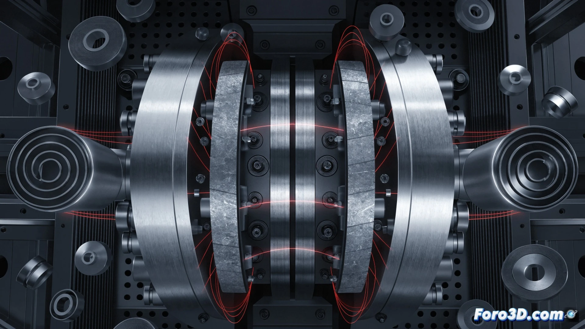 Cross-section of a disc brake caliper with magnetic sensor embedded in brake pad, induction field lines glowing blue around the pad surface as it measures friction material thickness, wireless transmission signal pulsing from sensor to diagnostic screen, cutaway showing internal magnet and coil assembly, photorealistic engineering visualization with metallic textures, carbon-ceramic brake disc visible, precise measurement action demonstrated through translucent overlay of magnetic field variations, dramatic industrial lighting, ultra-detailed mechanical components, technical illustration style