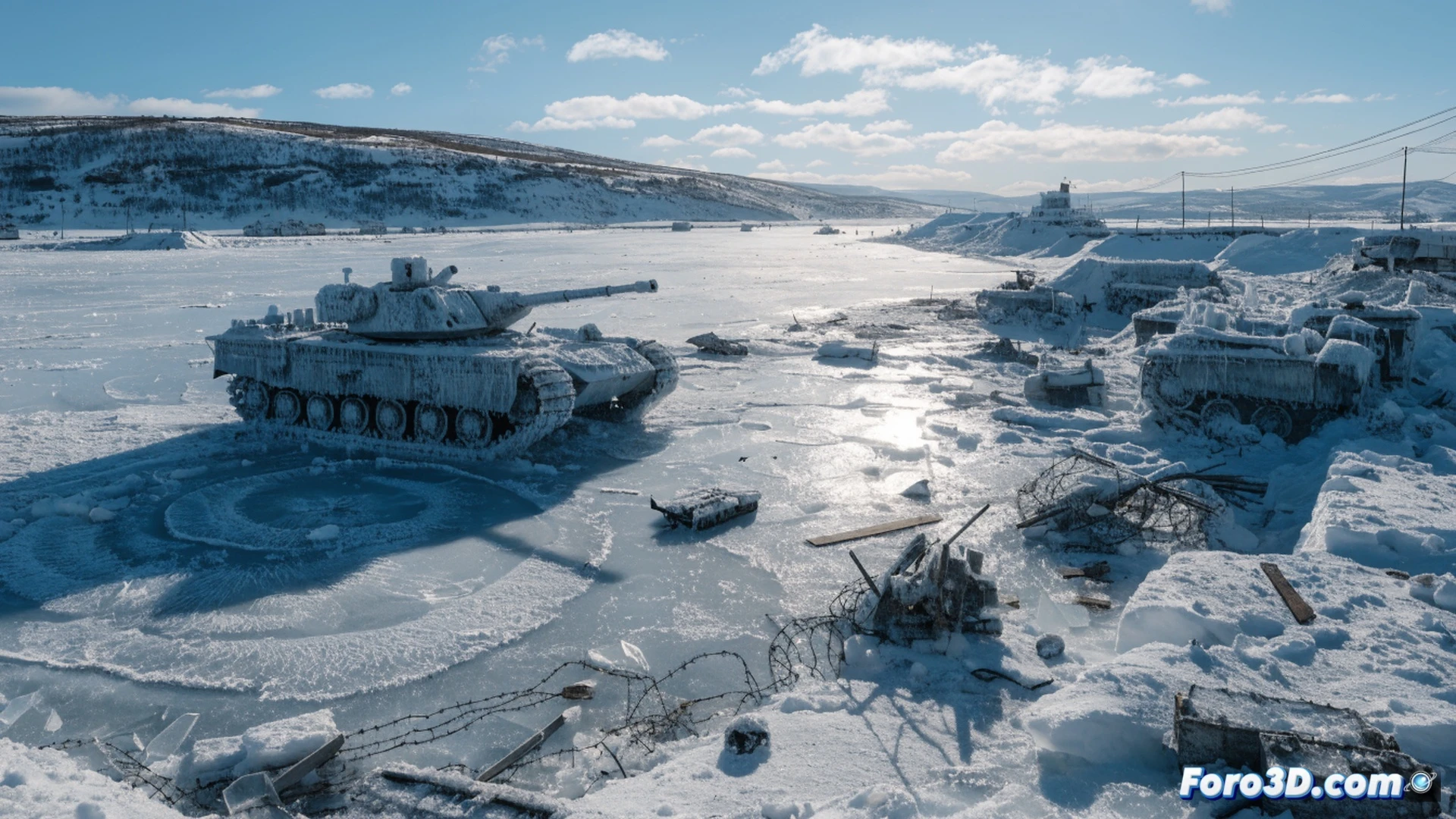 Frozen Ukrainian frontline at dawn, Russian military vehicles halted in deep mud, tank tracks clogged with frozen soil, soldiers standing idle near a stalled supply convoy, drone camera hovering above capturing the static battlefield, cold mist rising from the ground, abandoned trenches with frost-covered sandbags, barbed wire glistening with ice, no visible combat action, technical illustration style, muted winter colors, high-contrast atmospheric lighting, photorealistic military engineering visualization, showing the frozen advance and logistical standstill