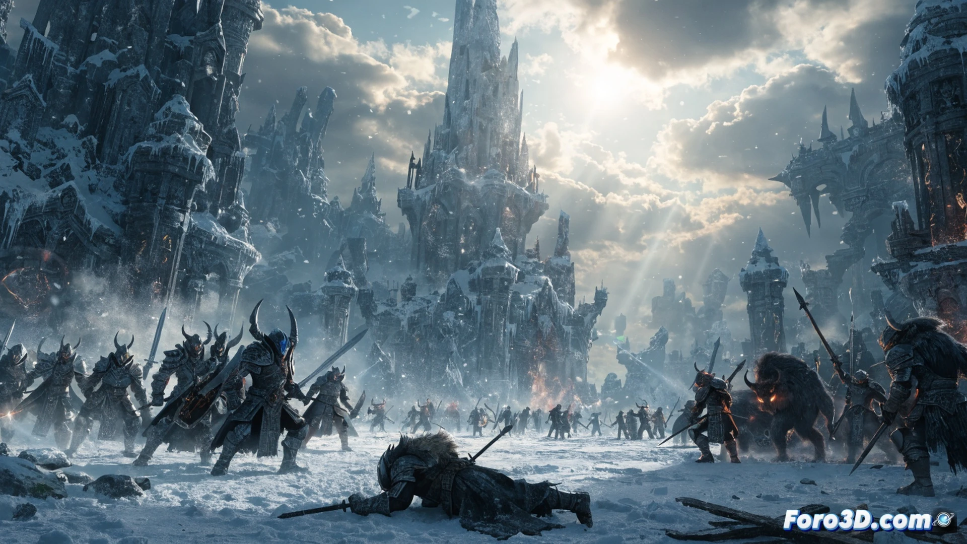 frosthaven fortress battle scene during a tactical turn-based combat, four fantasy heroes with distinct weapons facing a giant frost creature on a snowy rampart, glowing health bars and action point indicators floating above units, grid-based movement lines visible on the stone floor, a wizard casting an ice spell with particle effects, a rogue sneaking behind a broken wall, cinematic dark fantasy lighting, snowy mist, detailed armor textures, photorealistic technical illustration style