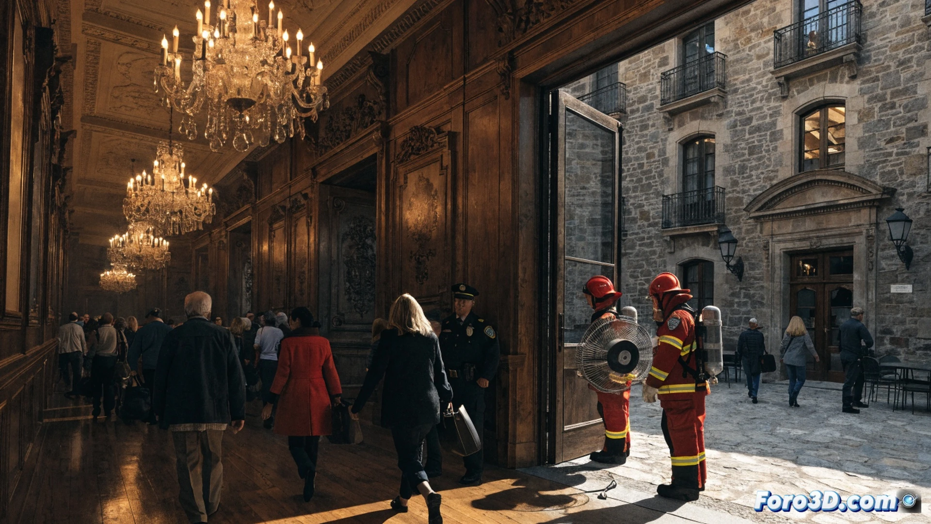 Hotel Real Jaca exterior facade at dusk, emergency vehicles with flashing lights positioned near entrance, firefighters in full gear connecting ventilation hoses to rooftop air conditioning unit, guests standing on sidewalk in casual clothing holding luggage, police officers directing traffic, warm amber hotel lights contrasting with cool blue emergency lights, steam-like gas dissipating from rooftop vents, photorealistic cinematic scene, wide-angle shot capturing entire building facade, clear sky with orange sunset clouds, safety personnel in reflective vests, technical emergency response visualization