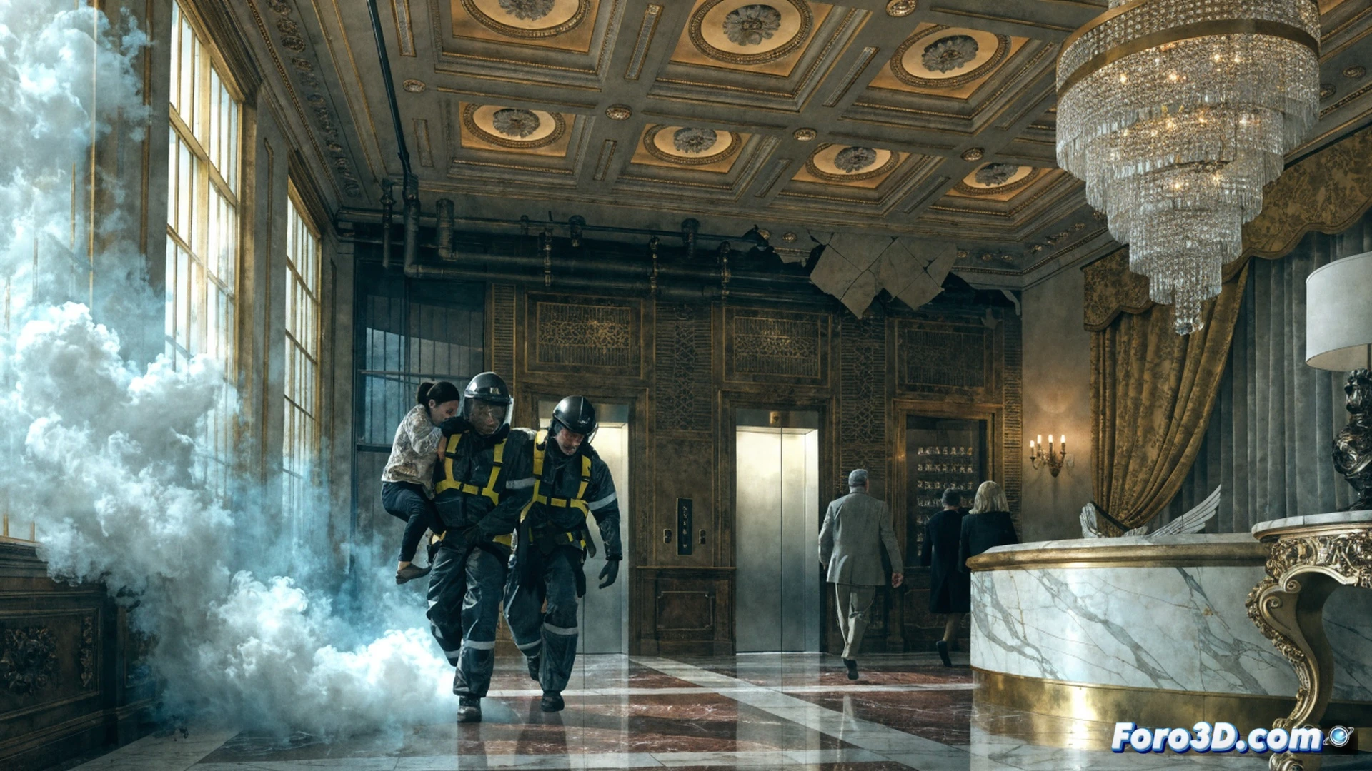Luxury hotel room interior, marble floor cracked open, HVAC air conditioning unit exposed, refrigerant gas leak visible as glowing green vapor cloud rising from a ruptured copper pipe, maintenance worker in protective gear using a digital pressure gauge and thermal camera to inspect the system, emergency exit sign glowing red in background, jacuzzi and expensive furniture partly obscured by gas mist, cinematic photorealistic technical illustration, dramatic high-contrast lighting, cold blue and toxic green color palette, ultra-detailed mechanical components, safety hazard atmosphere, engineering visualization style