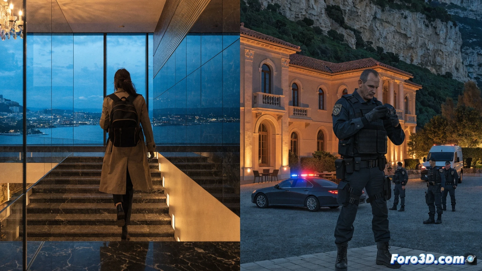 Night surveillance camera footage aesthetic, a young woman in dark coat placing a metallic briefcase bomb at the entrance of a luxury villa in Monaco, security camera angle showing her gloved hands and the device timer, she walks away while looking back, suitcase contains visible wires and a small digital clock, cinematic photorealistic style, blue-tinted night lighting, wet cobblestone street reflections, motion blur on her figure, ultra-detailed textures on the bomb components, dramatic shadows from street lamps, high-contrast security monitor grain effect, tense fugitive atmosphere
