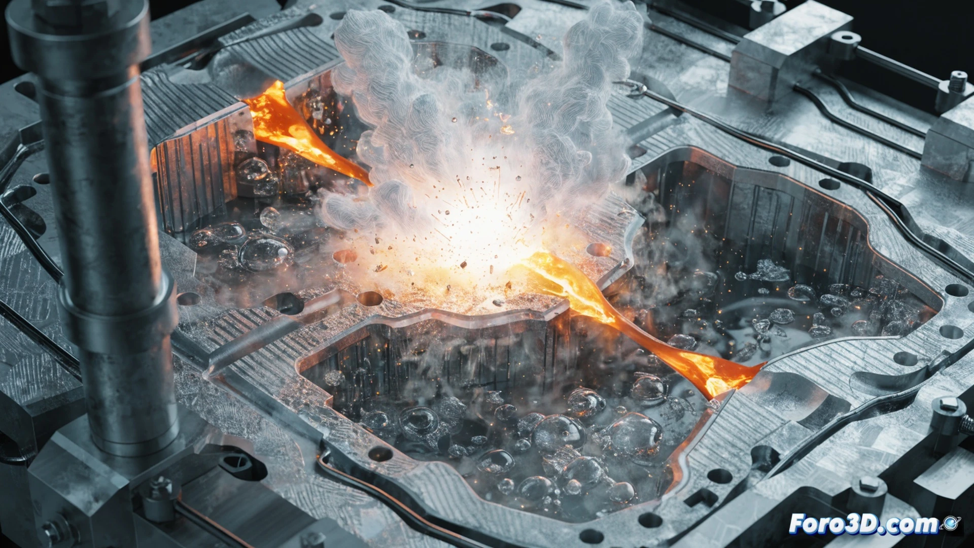 Explosion violenta de metal fundido en maquina de inyeccion, molde impreso en 3D fracturado expulsando vapor presurizado, gotas incandescentes de aluminio liquido dispersandose por el aire, operario retrocediendo con proteccion reflectante, pantalla de SolidWorks mostrando analisis de humedad en rojo, escaner Autodesk ReCap con nube de puntos del molde defectuoso, fondo industrial con vigas metalicas y luces de emergencia, estilo cinematico fotorealista, iluminacion dramatica naranja y azul, detalle de superficies metalicas con textura de fundicion, humo denso y chispas, alta definicion tecnica.