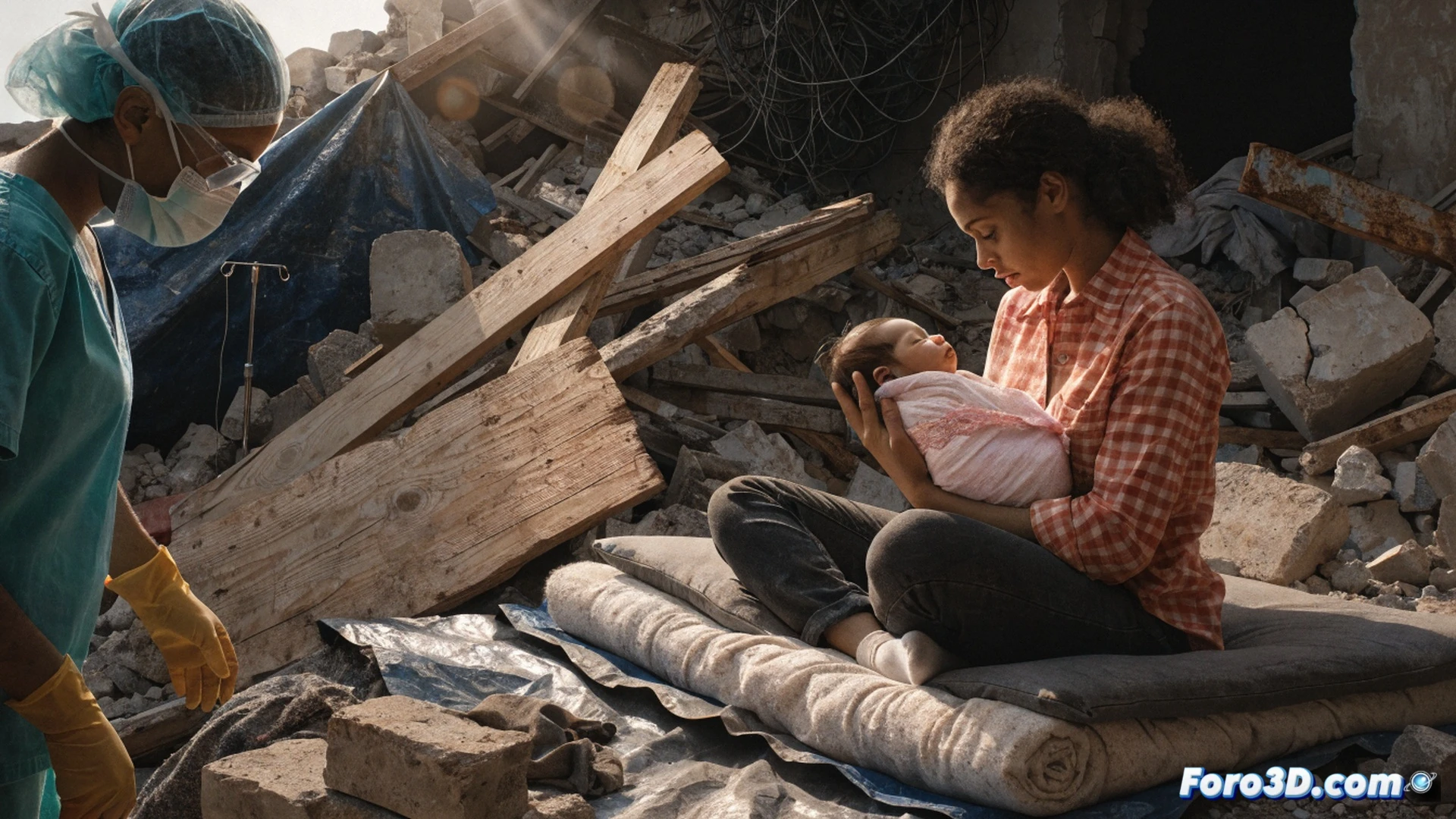 Aid worker in blue scrubs holding a newborn baby girl wrapped in a white blanket inside a military tent, collapsed concrete beams and twisted rebar visible through the tent opening, medical monitoring cables attached to a portable vital signs screen, a stethoscope hanging from a foldable stretcher, dust particles floating in shafts of afternoon light, photorealistic documentary style, warm amber and grey tones, shallow depth of field focusing on the infant’s face, mother’s hand reaching from a cot in the background, dramatic humanitarian scene