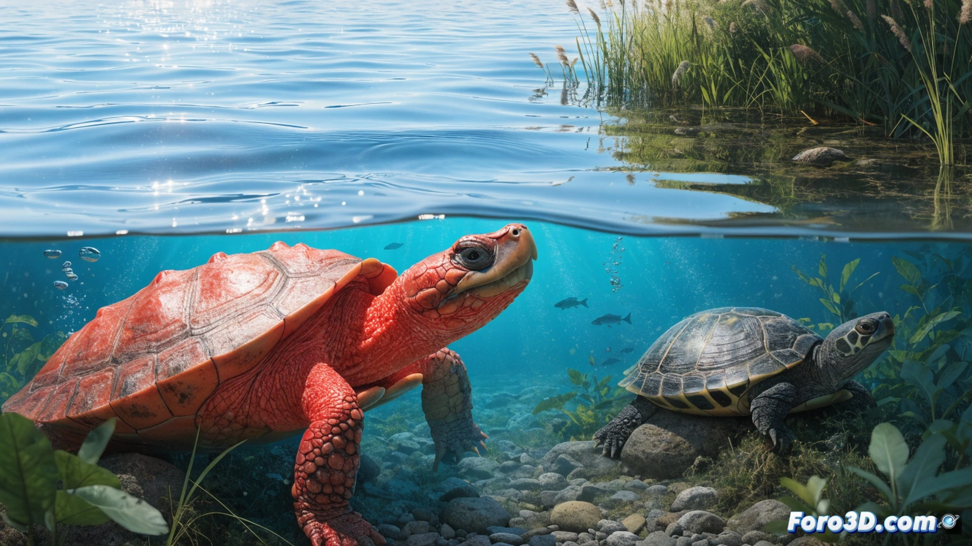 Galápago de Florida nadando cerca de la orilla del lago, atrapando un pez pequeño con su boca, mientras una tortuga europea más pequeña intenta alimentarse en la misma zona, mostrando competencia directa. Al fondo, un cartel informativo municipal sobre especies invasoras, con una red de captura y un contenedor de recogida gratuita visibles. Estilo cinematográfico fotorrealista, luz natural de atardecer, agua turbia con reflejos verdes, textura de caparazón moteado, detalles de escamas y algas, profundidad de campo suave, tonos realistas de humedal.