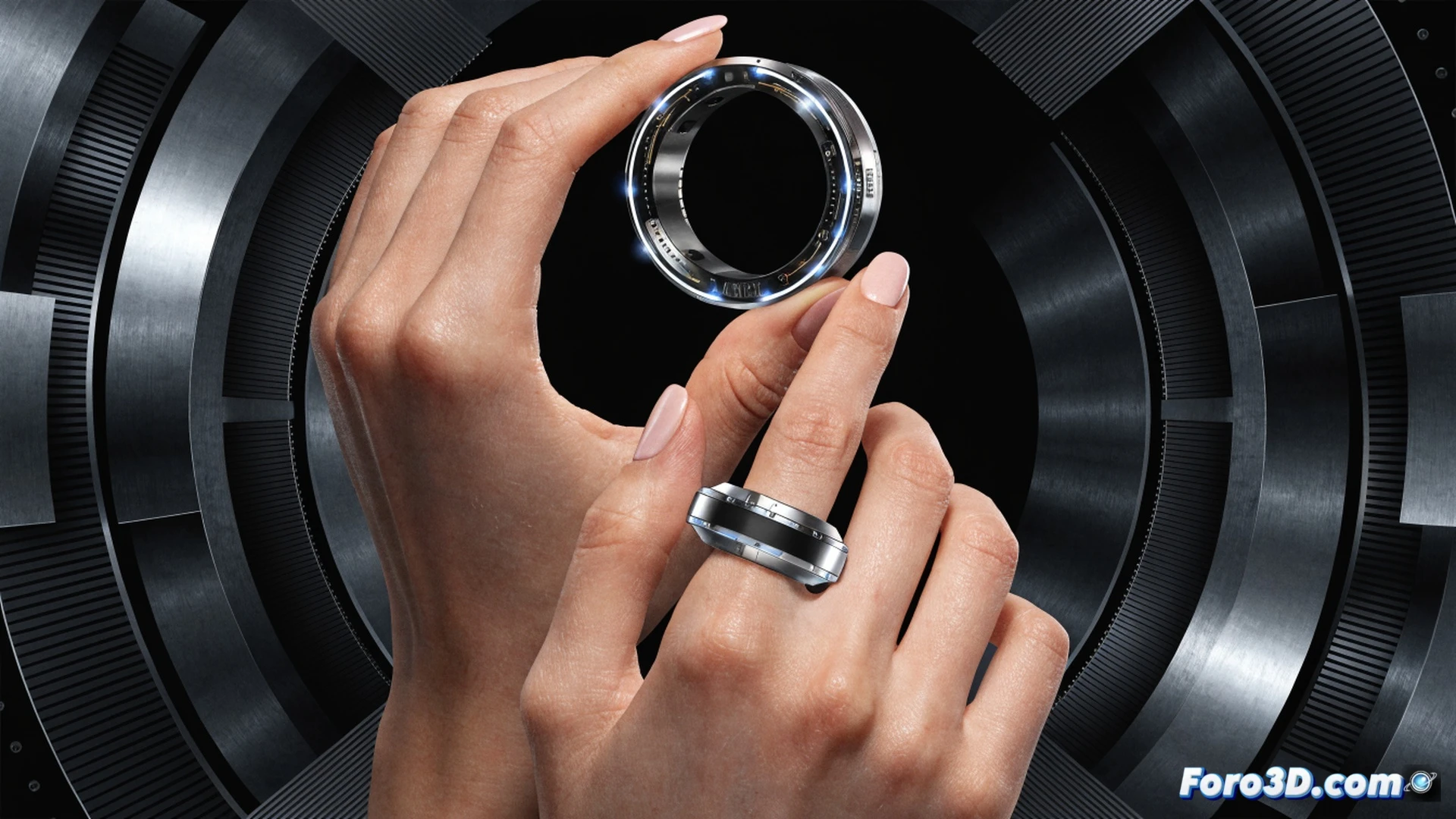 close-up shot of a human hand wearing a Samsung Galaxy Ring on the index finger, ring size too small for the finger causing tight skin indentation, the ring sits awkwardly with visible gap between ring and knuckle, hand resting on a wooden desk next to a discarded cardboard Amazon UK shipping box, a digital price tag hologram floating above the ring showing 104.99 with a crossed-out 399, photorealistic product photography, macro lens focus on the ring’s metallic surface and sensor array, warm studio lighting, subtle dust particles in the air, hyper-detailed texture of titanium finish, cinematic commercial style