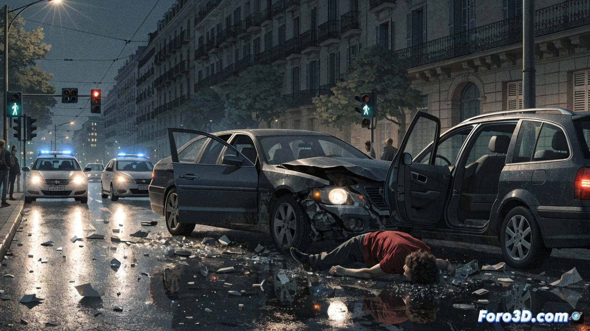 collision scene at night in Barcelona street, crashed car crumpled against stopped vehicle at traffic light, police emergency lights flashing blue and red, broken glass scattered on asphalt, small metallic canisters of nitrous oxide visible on car floor through shattered window, forensic officers examining evidence, cinematic photorealistic style, dramatic urban lighting, wet road reflections, smoke from engine, tense aftermath atmosphere, ultra-detailed vehicle damage, realistic textures, wide-angle shot showing entire accident scene