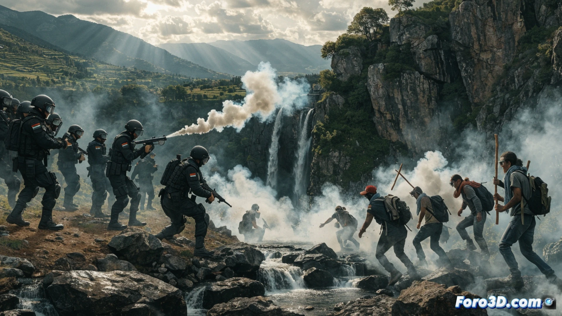 Environmental protest scene in Albanian forested protected area, activists holding placards and wearing gas masks while clouds of tear gas disperse through pine trees, bulldozer and construction equipment visible in background preparing ground for luxury resort development, government police in riot gear advancing with smoke canisters, contrast between green nature and industrial machinery, cinematic photorealistic style, dramatic lighting with haze and aerosol particles, wide-angle lens capturing tension between humans and machines, ultra-detailed foliage and equipment textures, dynamic action during confrontation