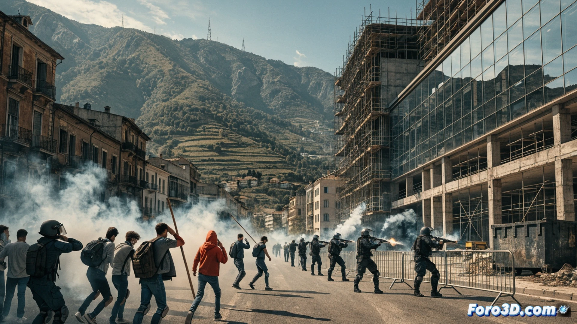 protesta ambiental en zona costera protegida, policía albanesa lanza gases lacrimógenos desde vehículos blindados mientras manifestantes con máscaras antigás levantan pancartas frente a grúas de construcción, nubes de gas naranja envolviendo un cartel de resort de lujo en construcción, humo químico dispersándose sobre dunas y vegetación, equipo antidisturbios con escudos transparentes y visores nocturnos, cámaras de vigilancia en postes captando la escena, estilo cinematográfico realista, iluminación de atardecer contaminada por neblina tóxica, textura granulada de gas irritante, fotografía documental de alta definición