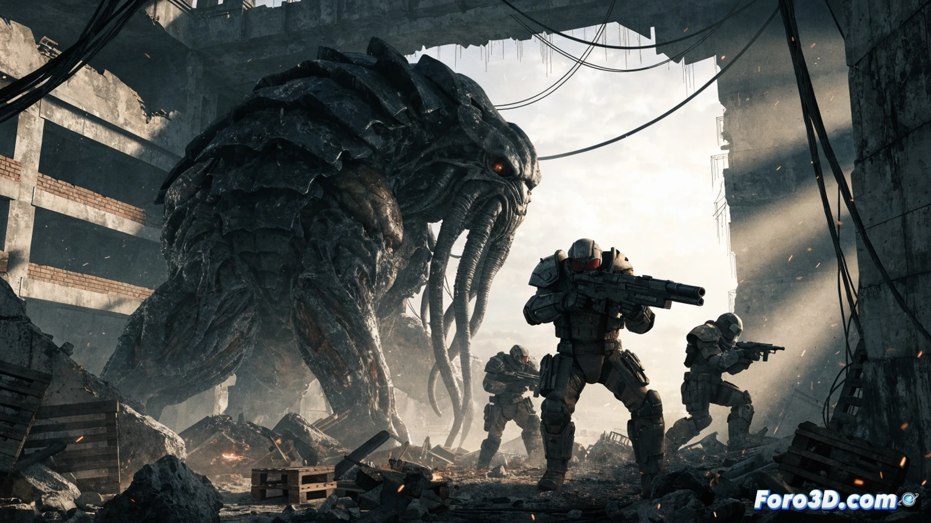 Gears of War soldier firing Lancer assault rifle while a Brumak monster charges through collapsing concrete pillars, Chaos Physics debris shattering into thousands of fragments, Nanite-rendered skin pores and chitin armor showing microscopic detail, Unreal Engine 5 real-time cinematic visualization, dynamic global illumination casting dramatic shadows, dust particles illuminated by muzzle flash, photorealistic technical illustration, ultra-detailed textures, motion blur capturing the destructive process
