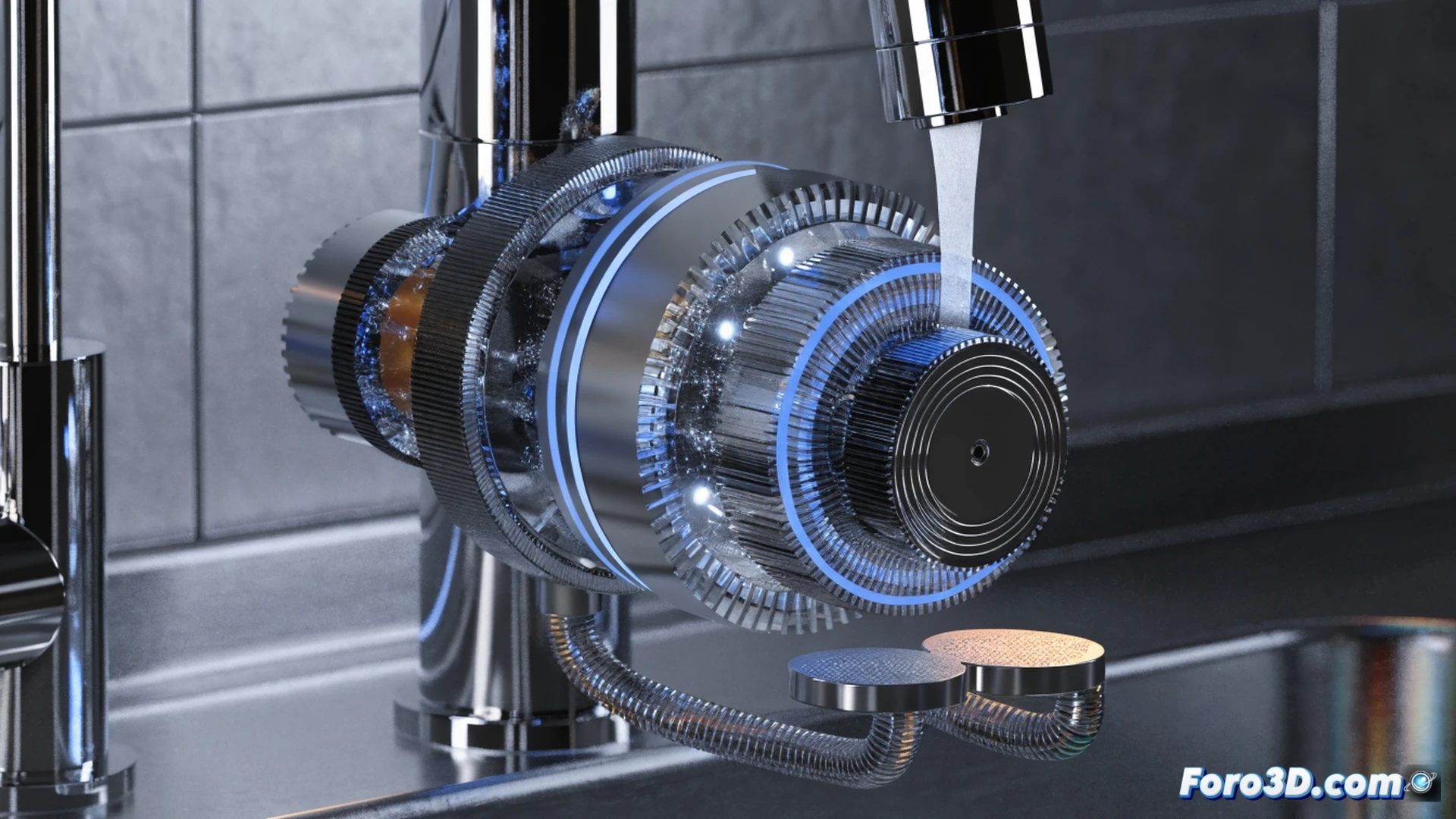 close-up shot of a modern kitchen sink, water stream flowing from a chrome faucet into a clear glass pitcher, a compact turbine generator module attached beneath the faucet head, water pressure spinning a visible miniature impeller inside the translucent module, a small LED indicator glowing green on the side, a wireless electric knife and a digital scale placed nearby on the countertop, cables connecting the module to a docking pad holding the knife, demonstrating energy harvesting during dishwashing, photorealistic technical illustration, bright daylight kitchen lighting, polished stainless steel surfaces, shallow depth of field focusing on the generator mechanism, ultra-detailed engineering visualization