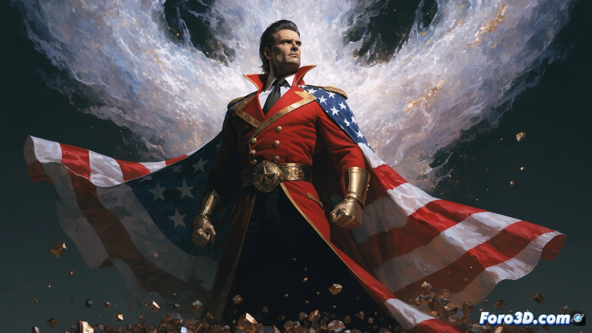 superhero in faded red white and blue costume standing in dusty comic book storage room, holding a vintage 1990s comic issue with patriotic eagle emblem on cover, old printing press machinery in background with gears and ink rollers, dust particles floating in dim fluorescent light, cinematic technical illustration style, showing forgotten character surrounded by stacked cardboard boxes of unsold comics, cobwebs on industrial shelving units, worn leather boots on concrete floor, melancholic atmosphere, photorealistic render, dramatic shadows from single overhead bulb, paper texture details on comic covers