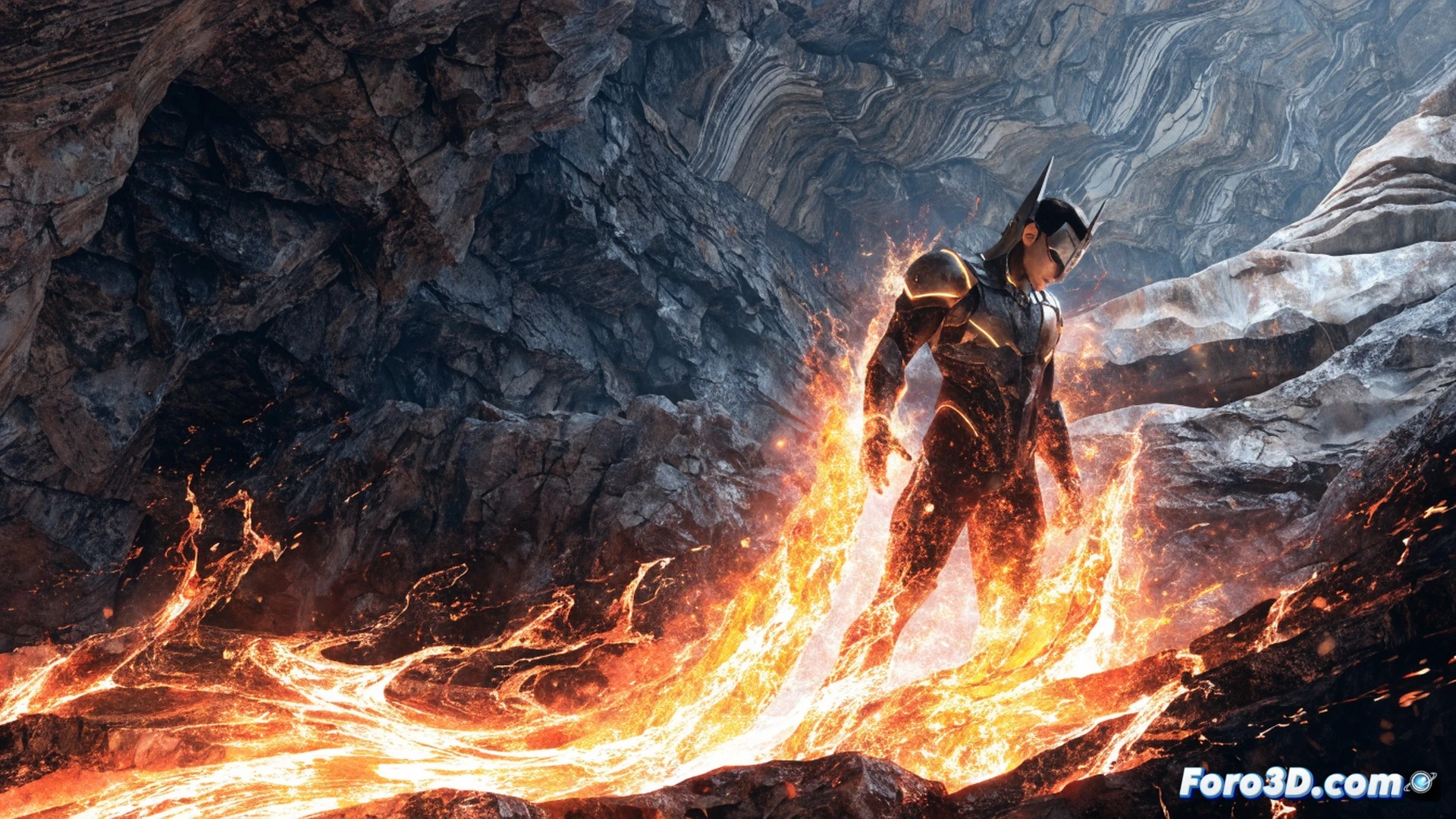 Prince of Markovia standing in royal throne room with cracked marble floor, glowing orange geothermal energy erupting from fissures, royal cape torn and crown shattered beside him, hands clenched fists with lava-like veins pulsing on arms, dramatic contrast between golden throne and dark volcanic rock, cinematic lighting with warm amber light from below and cold blue shadows from above, photorealistic technical illustration, super-detailed royal regalia details, energy particles floating in air, tension visible in posture, abandoned crown on steps, ultra-realistic textures on stone and fabric