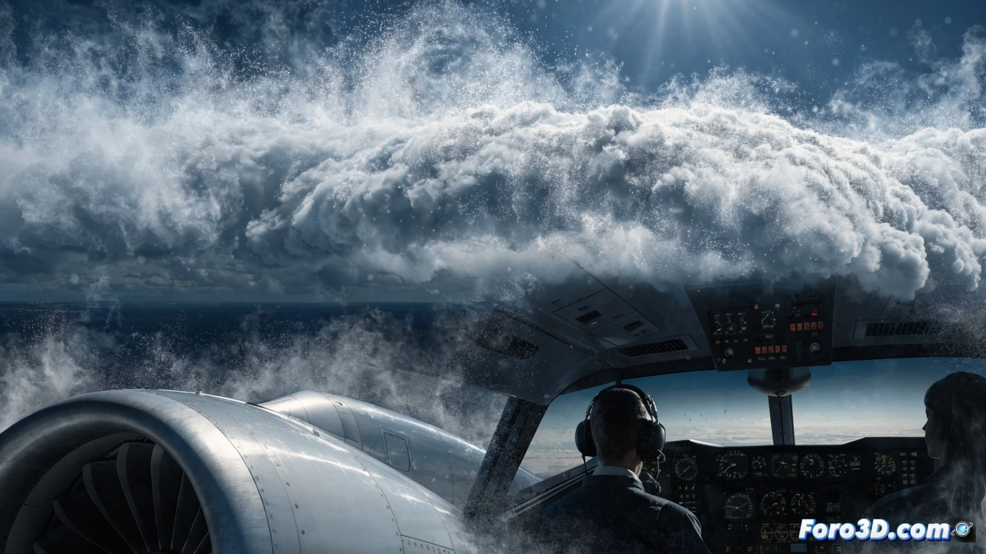 Cinematic photorealistic scene of a commercial jet flying through a hazy sky at cruising altitude, wingtip vortices trailing visible aerosol particles, cockpit window showing pilots wearing oxygen masks with warning indicators glowing red, cabin interior revealing passengers breathing through emergency masks while fine sulfate particles float in sunlight beams, aircraft skin showing corrosive residue accumulation, contrails mixing with chemical spray forming toxic cloud patterns, dramatic stormy horizon with polluted sunset colors, detailed engine intake showing particle ingestion, ultra-realistic aviation technical illustration, industrial lighting highlighting contamination, 4K hyperdetailed render