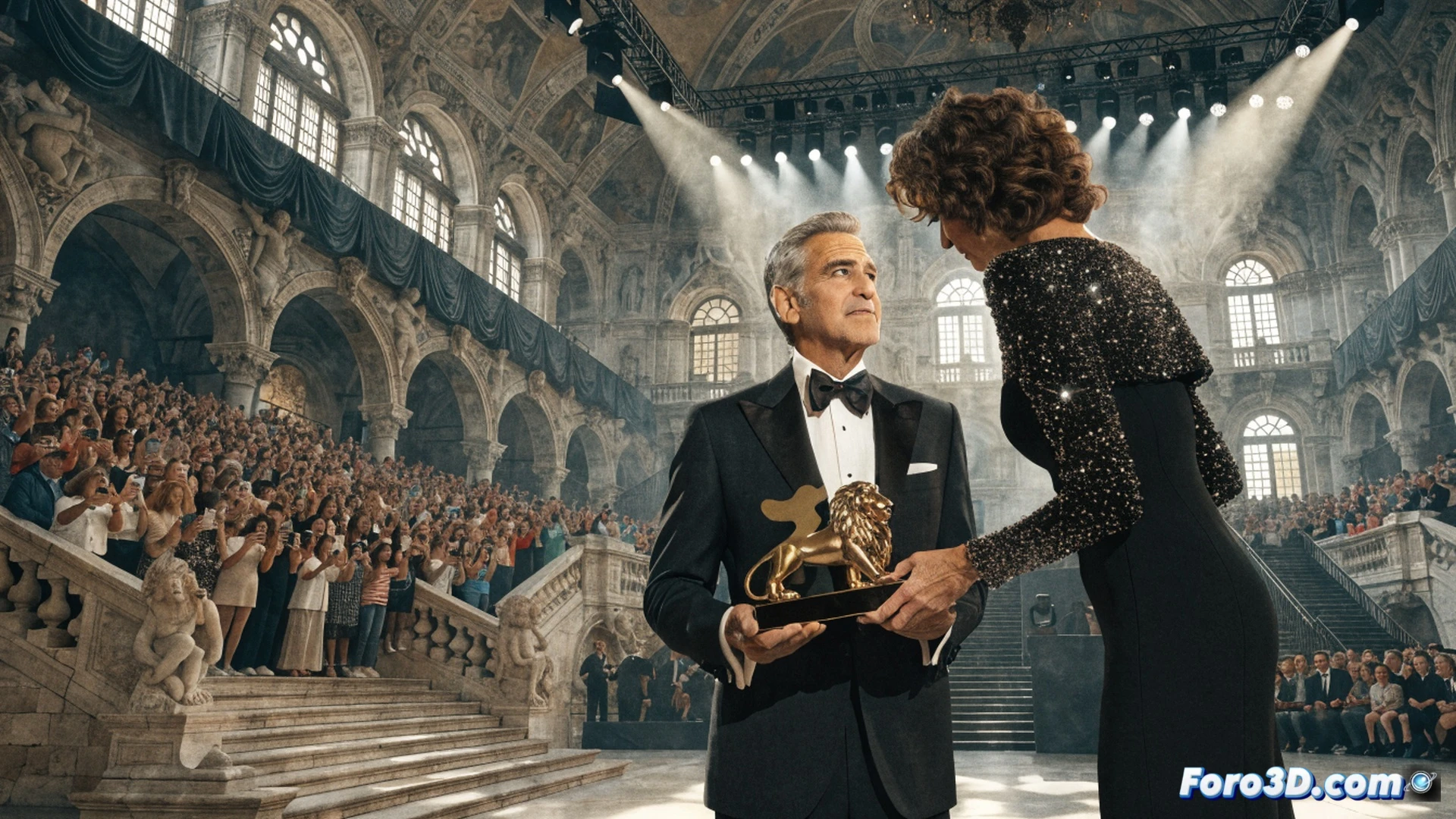 George Clooney en el red carpet del Festival de Venecia 2026 sosteniendo el León de Oro, cámaras de cine y micrófonos de prensa enfocando su rostro, turistas y fans vitoreando detrás de vallas metálicas, luces de flashes parpadeando, proyectores de cine iluminando la fachada del Palazzo del Cinema, drones de televisión sobrevolando la escena, estilo cinematográfico de gala nocturna, photorealistic, iluminación cálida de reflectores, multitud en movimiento, vestimenta formal, atmósfera de celebración mediática global