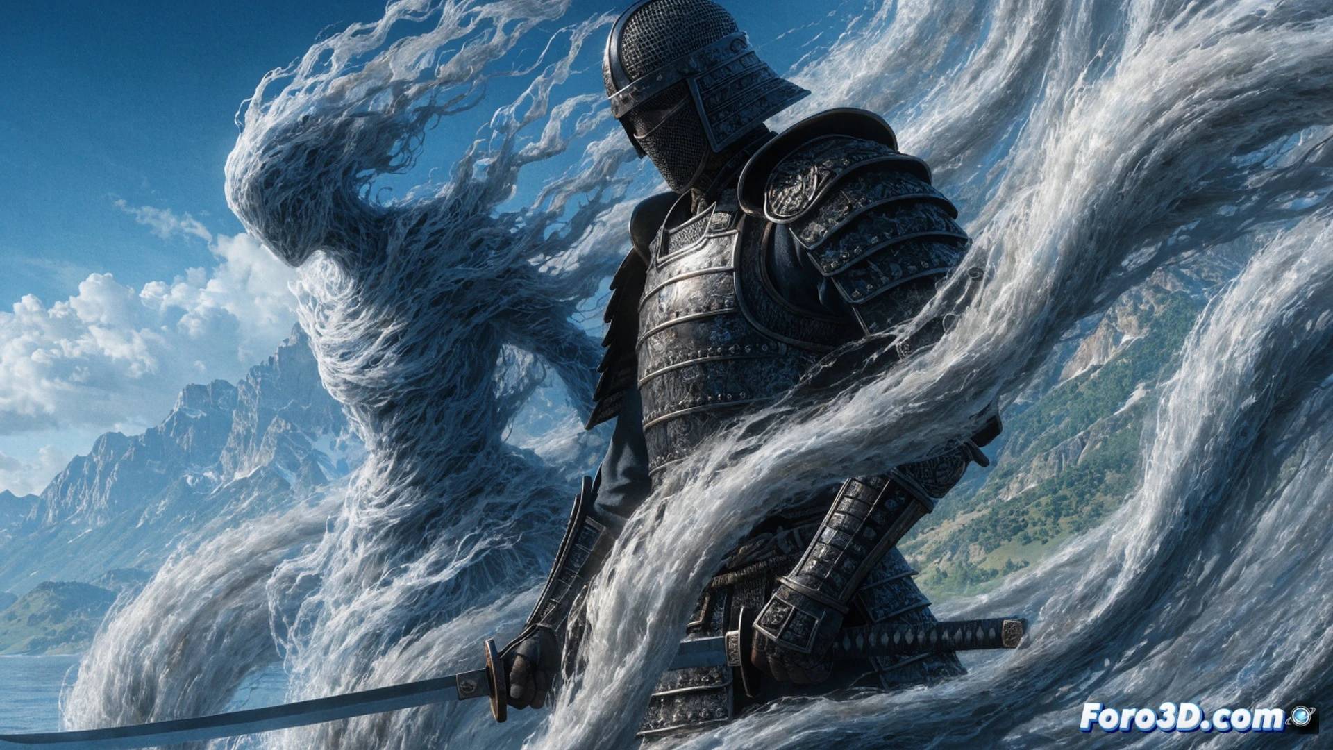 Abril en un campo de Yōtei, viento visible con partículas de pétalos de cerezo moviendo tallos de hierba en ondas, un samurái solitario sostiene una espada mientras su haori ondea, la luz del atardecer cálida atraviesa niebla baja, el motor propietario de Sucker Punch mostrando simulación de vegetación interactiva y sombras volumétricas, estilo cinematográfico poético, profundidad de campo en primer plano, render fotorealista con pinceladas pictóricas, texturas de tela y armadura ultra detalladas, atmósfera melancólica de Japón feudal
