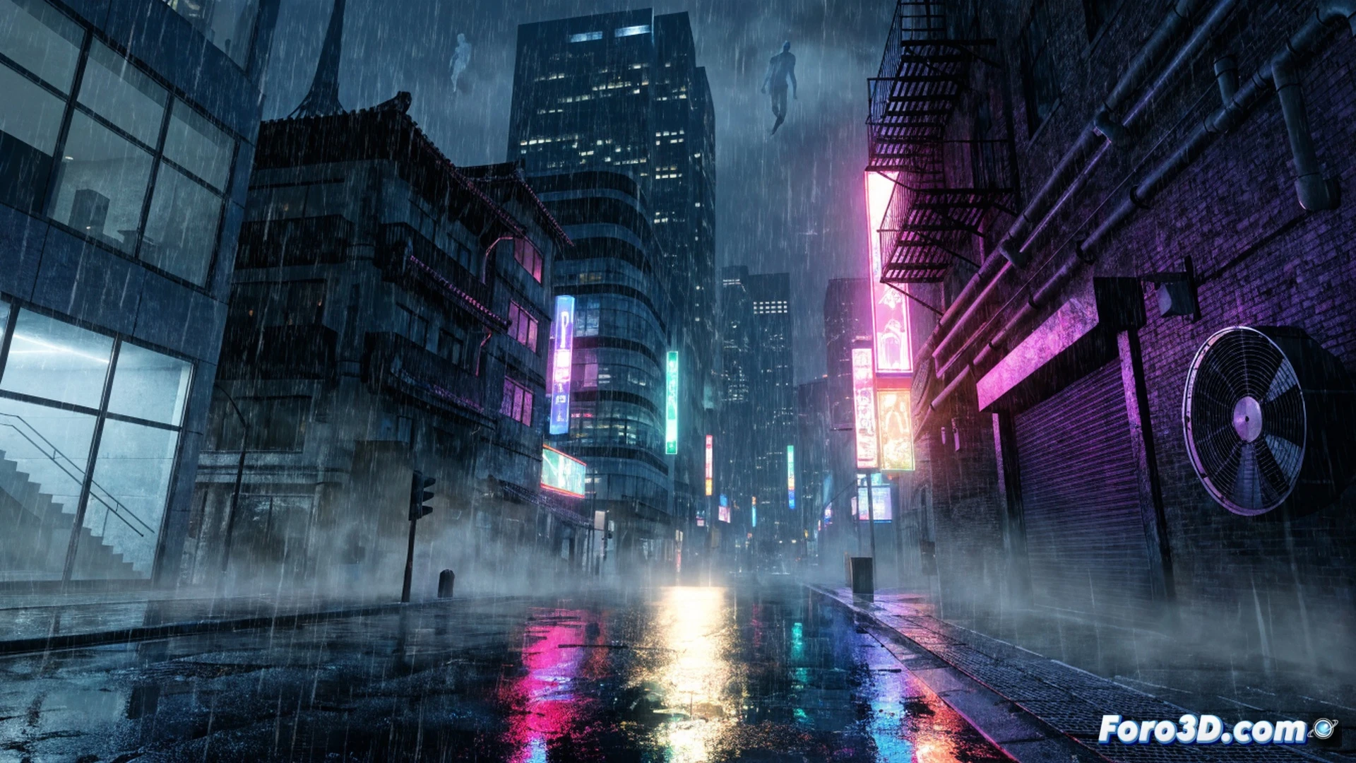rain-soaked Shibuya intersection at midnight, empty streets reflecting cascading neon signs, puddle surfaces rippling under continuous rain, holographic spectral tendrils emerging from a manhole cover while a figure in dark clothing performs a hand seal, Unreal Engine 4 volumetric fog and real-time reflections, wet asphalt with specular highlights, glowing billboards casting cyan and magenta light onto wet surfaces, cinematic photorealistic visualization, dramatic vertical rain streaks illuminated by city lights, ultra-detailed urban textures, ghostly particles dissolving into the atmosphere, technical real-time rendering demonstration