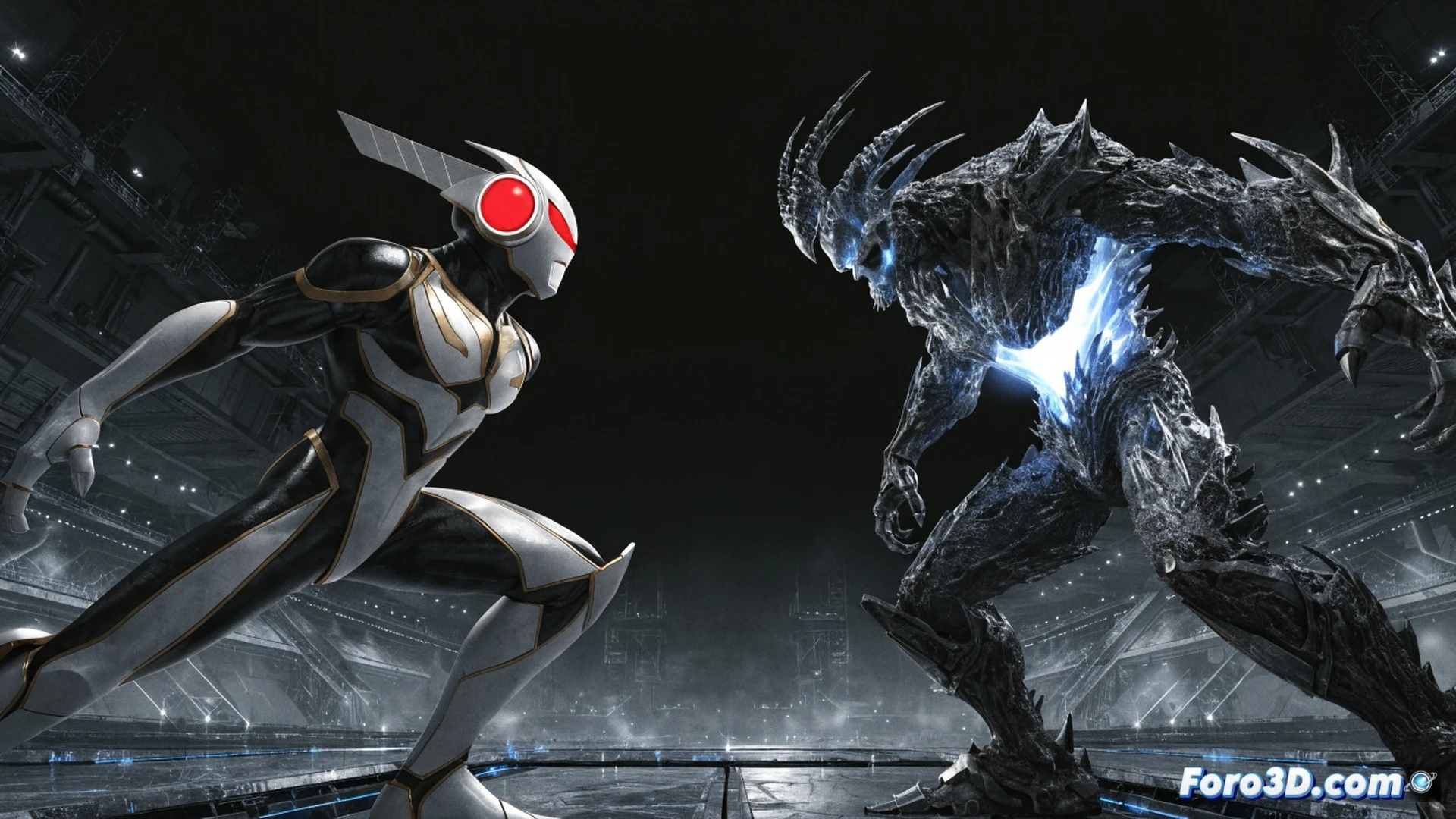 two giant kaiju-style fighters clashing in a destroyed city arena, Ultraman Zero mid-air with glowing blue energy blade slashing downward, Ultraman Belial blocking with a dark red claw attack, sparks and debris flying between them, broken skyscrapers and cracked pavement in background, cinematic tokusatsu battle scene, dynamic motion blur, dramatic low-angle shot, intense orange and blue lighting contrast, realistic particle effects for dust and energy trails, ultra-detailed armor textures, photorealistic game cinematic render