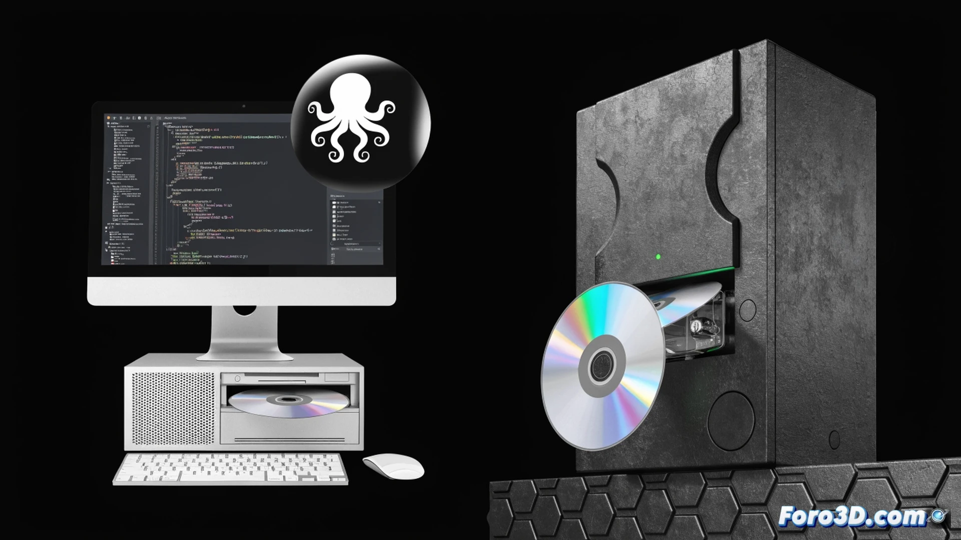 photorealistic scene showing a cloud-shaped server floating above a stack of vintage CD-ROM discs, a robotic hand ejecting a shiny silver disc from an old optical drive while a digital code stream flows upward into the cloud, nostalgic office desk with retro PC monitor displaying git terminal, scattered blank CDs and a jewel case nearby, dramatic side lighting highlighting dust particles, metallic reflections on disc surface, ultra-detailed hardware textures, cinematic technical illustration style, subtle vapor trails connecting physical media to digital upload process