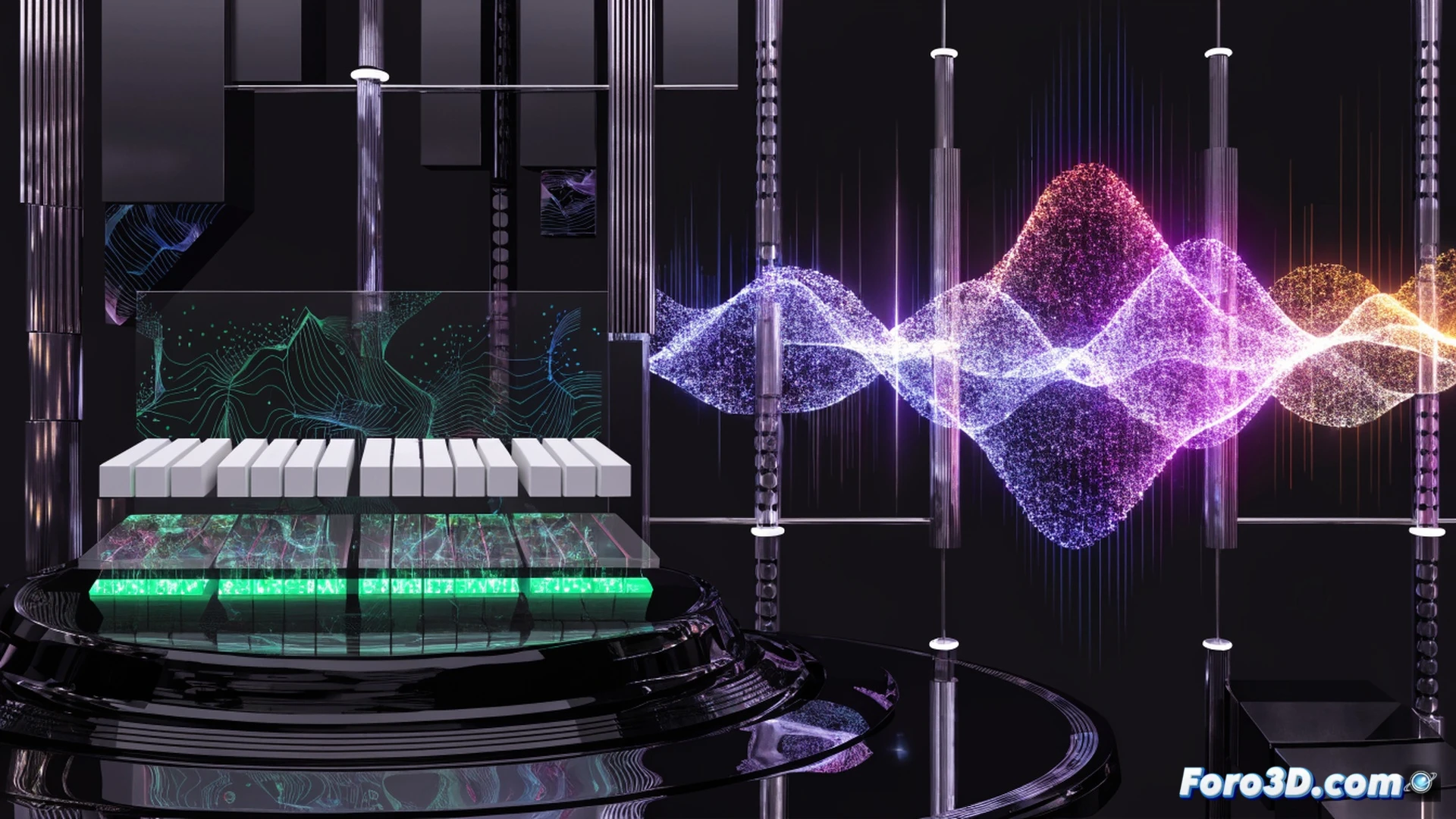 Glisynth rhythm game interface during gameplay, two rows of piano keys glowing in sync with falling notes, player fingers pressing keys precisely while colorful note trails descend, 20 theme icons displayed as rotating thumbnails on the sides, story mode progress bar filling at bottom, free play mode selector highlighted, neon cyberpunk aesthetic with holographic particle effects, sleek minimalist UI design, cinematic game engine visualization, dynamic lighting reacting to beat hits, ultra-sharp technical illustration style, high-contrast vibrant colors, photorealistic render with motion blur on fast-moving elements