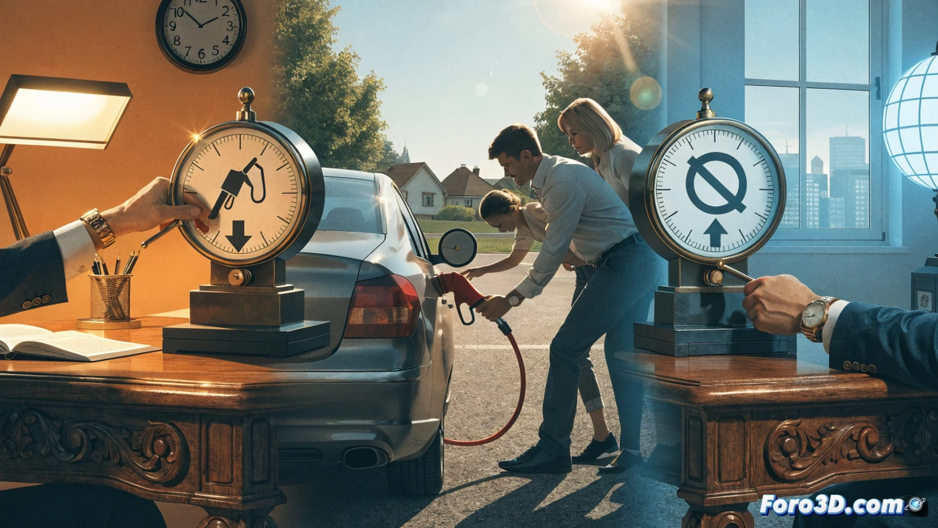 gas station scene at midday, a car fuel nozzle inserted into a vehicle tank, fuel pump display showing rising numbers while a hand adjusts a tax form overlay, a family packing luggage into the trunk looks frustrated, a delivery driver in uniform checks his empty fuel gauge, a government building silhouette looms in the background with a broken scale symbol, photorealistic technical illustration, harsh summer sunlight casting long shadows, heat haze over asphalt, fuel price sign flickering with contradictory arrows up and down, hyperdetailed mechanical components of the pump exposed, cinematic lighting with amber and blue tones, realistic textures of metal and plastic