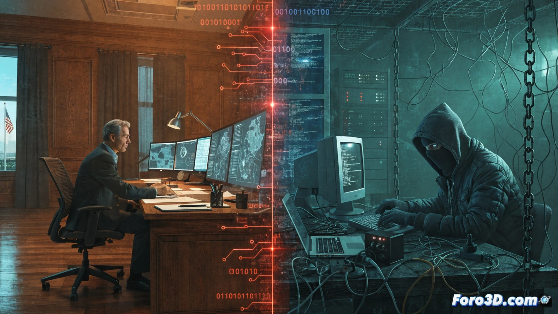 Ciberataque en centro de datos gubernamental, servidores apilados con luces de alarma rojas parpadeando, pantalla de monitor mostrando código hexadecimal corrupto y un candado digital abierto, manos enguantadas de un técnico extrayendo un disco duro metálico brillante de un rack, mientras cables de fibra óptica emiten destellos de transmisión, fondo con gráficos de intrusión en tiempo real y barras de carga de exfiltración, estilo cinematic photorealistic, iluminación dramática azul y roja, sombras marcadas, textura de circuitos y polvo suspendido en el aire.