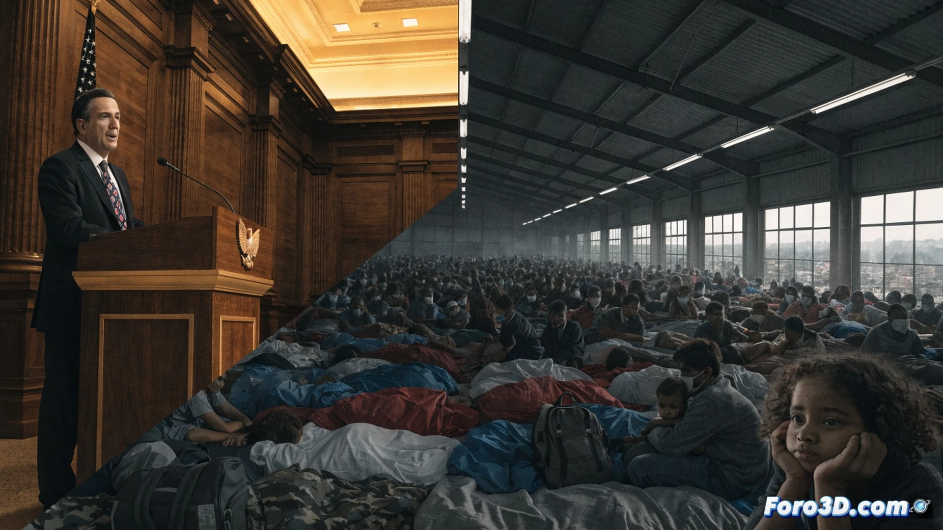collapsed concrete shelter interior, dozens of displaced families huddled on floor mats, empty water jugs stacked against a crumbling wall, broken medical cabinets with scattered bandages, a single flickering fluorescent light casting harsh shadows, government officials in suits standing apart from the crowd, checking smartphones while ignoring a woman holding an infant, dust particles suspended in humid air, peeling paint revealing rusted rebar, photorealistic documentary style, wide-angle lens capturing desperation and neglect, muted gray and beige color palette, cinematic lighting with deep shadows, ultra-detailed textures of cracked concrete and worn clothing