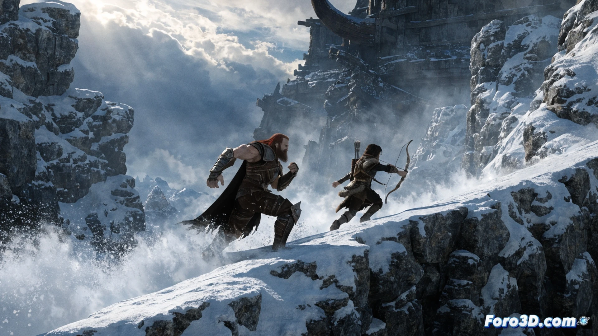 Kratos axe blade mid-swing carving through layered snow, individual ice crystals scattering with PBR specular highlights, Atreus bowstring drawn with micro-detail on leather grip, background showing seamless transition between combat and cinematic camera angle, Santa Monica Studio engine debug overlay faintly visible showing real-time tessellation on frozen ground, subsurface scattering on character skin mimicking real flesh, volumetric fog catching god ray light shafts, ultra-detailed 4K photorealistic technical illustration, dynamic motion blur on weapon trails, Nordic runes glowing with emissive textures, snow deformation under boots creating realistic footprints, cinematic dramatic lighting with rim light on armor edges, engineering visualization of real-time particle system