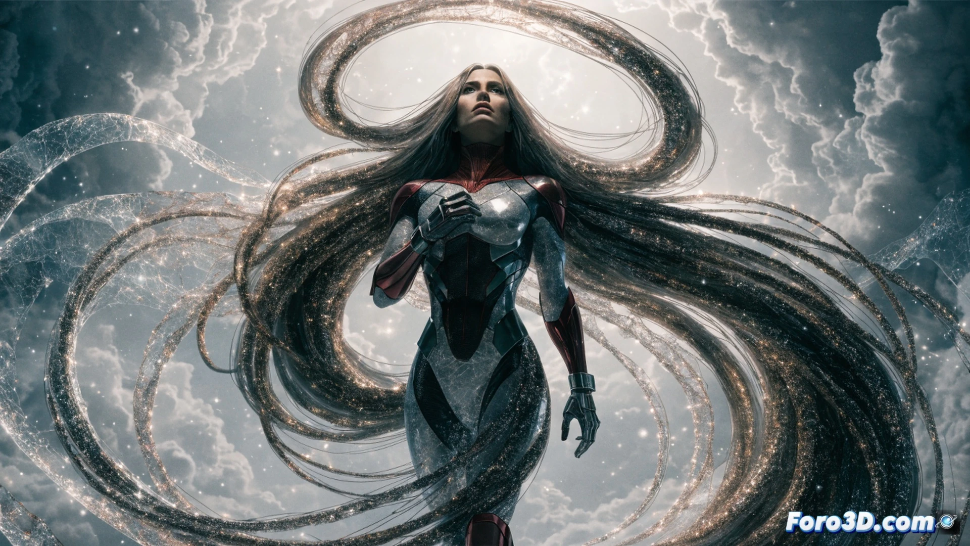 Global Guardians team battle scene, Godiva standing on a rooftop in London, her long blonde hair extending and hardening into multiple sharp tendrils, one tendril wrapping around a falling metal beam while another blocks a villain's energy blast, concrete debris suspended in mid-air, cinematic superhero action shot, dramatic overcast sky, rain-slicked streets below, photorealistic comic book style, dynamic lighting, hair strands glowing with kinetic energy, detailed costume textures, motion blur on background explosions, ultra-realistic fabric folds and metal reflections