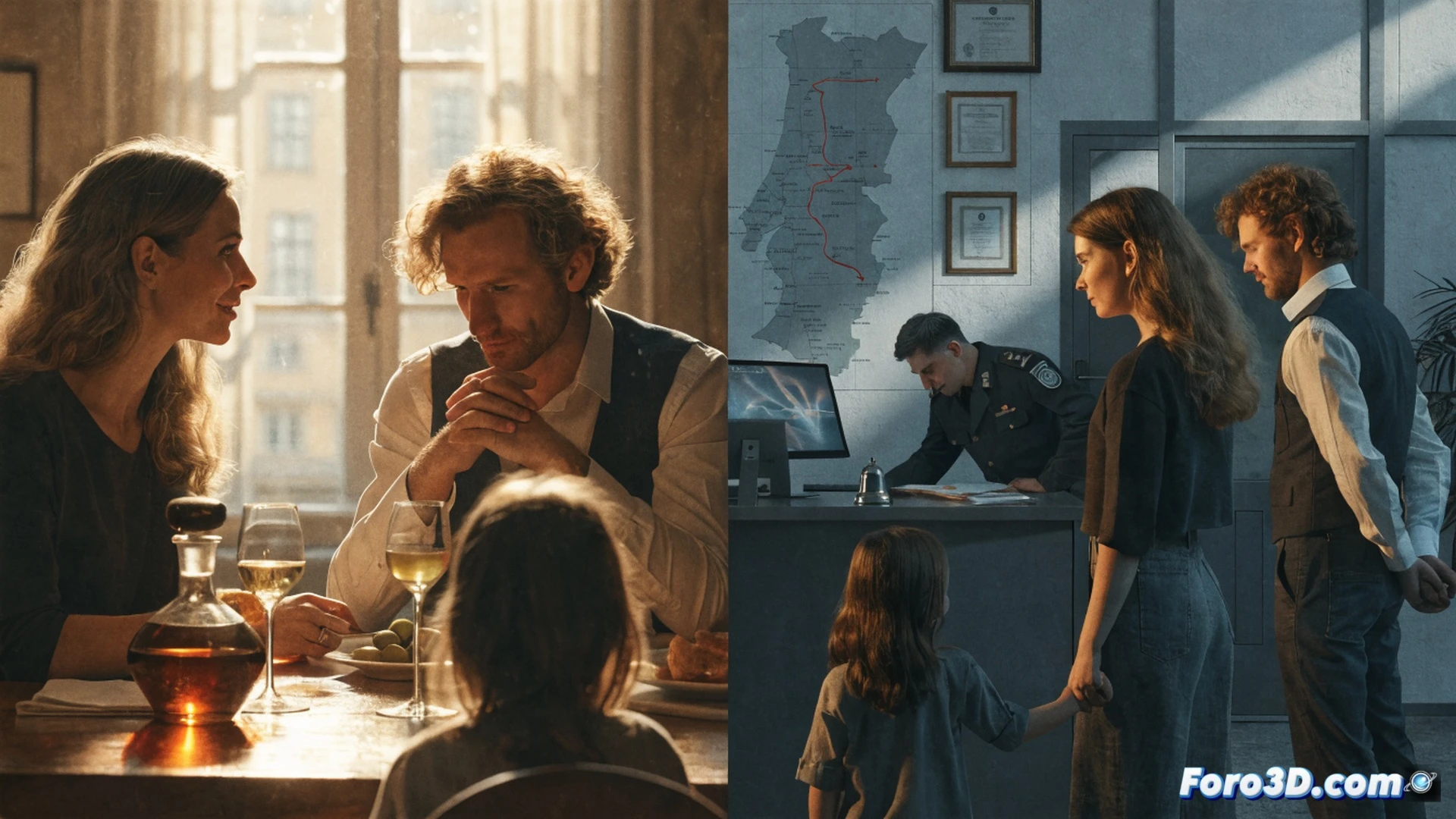 golden visa application process stalled, investor family standing in front of a locked Portuguese government office door, holding a thick folder of legal documents and a smartphone displaying a 90-day countdown timer that has expired, suitcase at their feet with travel tickets visible, frustrated expression, realistic cinematic photography style, warm afternoon sunlight casting long shadows, bureaucratic atmosphere, photorealistic architectural details, emotional tension in the scene