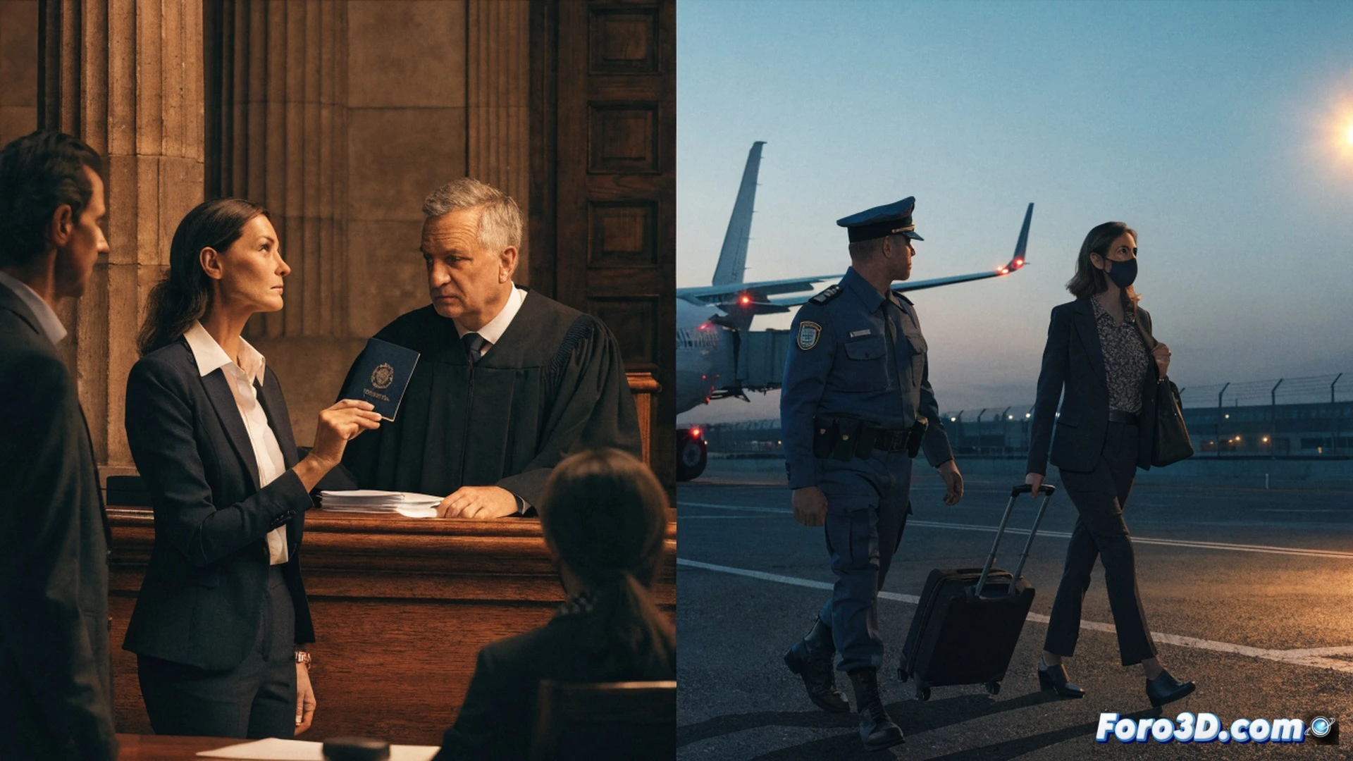 Cinematic photorealistic scene of a luxury private jet on a tarmac at sunset, a female figure in a dark suit handing a passport to a uniformed security officer, while a judge’s gavel and a NATO summit logo are faintly reflected on the aircraft’s polished wing, motion blur on the jet’s engines, dramatic shadows, technical illustration style, ultra-detailed metal surfaces, glowing runway lights, high-contrast lighting, photorealistic render