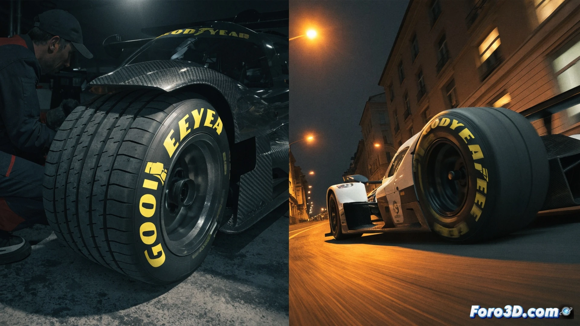 photorealistic engineering visualization of a LMP2 race car during a high-speed pit stop, three mechanics simultaneously fitting a glowing orange Goodyear tire onto a carbon ceramic brake disc, hot brake dust particles floating in the air, tire treads showing detailed aquaplaning channels, pit crew wearing blue fireproof suits with reflective stripes, overhead pit lane lights creating dramatic shadows, tire pressure monitoring system display on a tablet showing real-time data, metallic wheel nuts mid-rotation, blurred background of other pit boxes, cinematic action shot capturing the precise moment of wheel mounting, ultra-detailed rubber compound texture, industrial garage atmosphere with concrete floor reflections