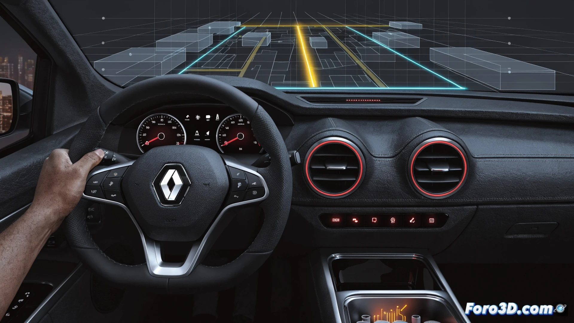 Renault R5 eléctrico en carretera nocturna, pantalla del tablero mostrando Google Maps con ruta activa y puntos de carga brillando en azul, asistente de voz activado mientras el conductor mantiene las manos libres del móvil, interfaz fluida sin texto visible, datos de tráfico en tiempo real como líneas de colores sobre el mapa, volante iluminado suavemente, ingeniería minimalista del cockpit, materiales sostenibles en el salpicadero, luces LED ambientales, cinematic photorealistic render, acción de navegación integrada sin pantallas confusas, demostración de ecosistema Google integrado de serie.