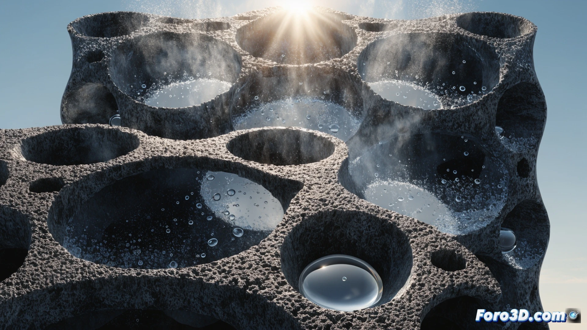 cross-section of a porous graphite membrane desalination system, sunlight hitting the top graphene layer, seawater flowing beneath, water vapor rising through graphite pores while salt crystals are left behind, no high-pressure pipes visible, clean separation process, cinematic technical illustration, photorealistic engineering visualization, warm sunlight beam highlighting the evaporation zone, blue water layer contrasting with dark porous graphite, steam particles rising in soft focus, ultra-detailed membrane structure, dramatic lighting emphasizing low-temperature thermal process