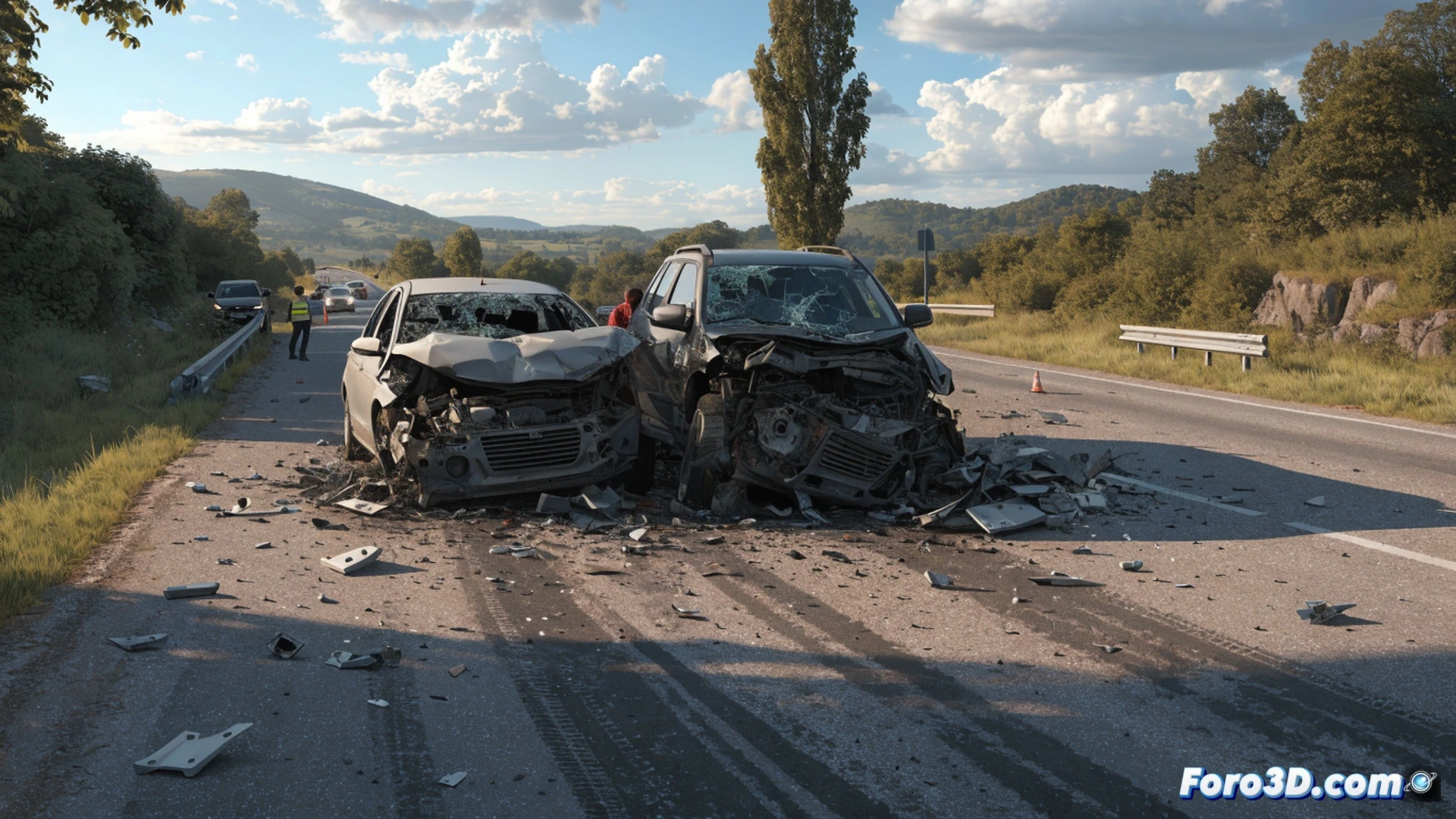 collision scene on N-260 highway near Llançà, crumpled blue car and white van locked in frontal impact, twisted metal debris scattered across wet asphalt, emergency responders in high-visibility vests working around smashed vehicles, hydraulic rescue tools cutting into driver-side door, broken headlight glass and coolant fluid pooling, traffic cones and red warning triangles placed behind crash site, distant orange diversion signs leading to secondary roads, overcast sky with soft grey light, cinematic photorealistic style, dramatic tension, ultra-detailed vehicle damage, realistic reflections on wet road surface