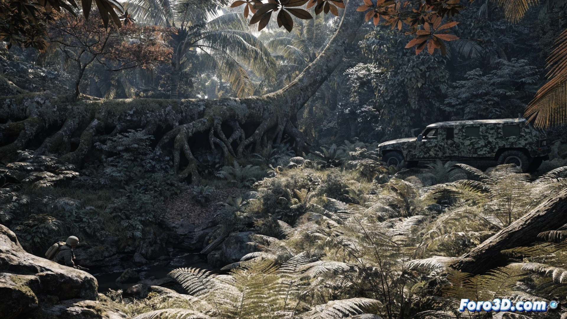 jungle clearing during monsoon rain, soldier crouching behind moss-covered fallen tree, Nanite-rendered extreme foliage density with thousands of overlapping leaves and vines, Lumen dynamic light rays piercing canopy and illuminating wet ground, Houdini-generated volumetric fog settling between branches, Maya-modelled bamboo stalks with photorealistic bark texture from Substance Painter, RealityCapture-scanned rock formations and tree roots, raindrops hitting puddles with ripples, cinematic photorealistic technical illustration, ultra-detailed vegetation, dramatic storm lighting, specular highlights on wet surfaces, deep shadows under canopy
