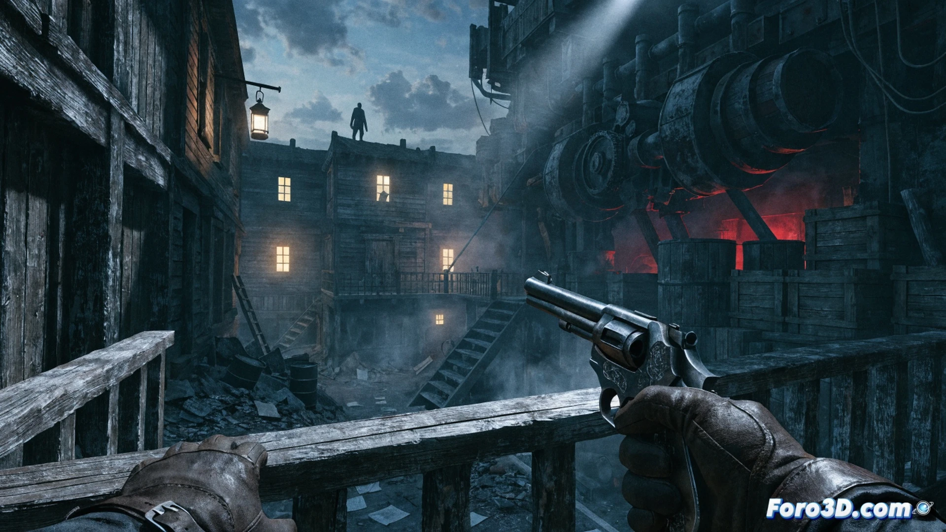 Desert wasteland at dusk, a lone gunslinger in dust-coated duster coat aims a lever-action rifle with glowing energy core at a towering mechanical creature, bullet trails and blue sparks collide with cracked metal plating, broken train cars and skeletal cacti frame the scene, cinematic photorealistic rendering, dramatic low-angle sunlight piercing storm clouds, smoke and dust particles suspended in air, ultra-detailed weapon mechanics and rusted industrial debris, motion blur on spinning gear wheels, high-contrast lighting with amber and teal tones, technical illustration style showing impact deformation and ballistic trajectory