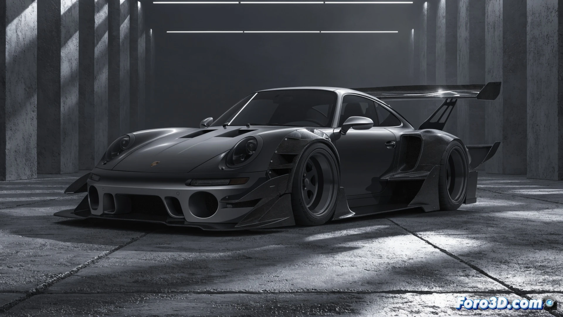 Porsche 911 Slantnose de alto rendimiento durante una prueba de aceleración en una pista mojada, neumáticos traseros humeantes quemando caucho, alerón trasero de carbono desplegado, difusor trasero expuesto con conductos de fibra de carbono, escapes laterales emitiendo llamas azules, suspensión activa comprimiéndose bajo la fuerza de 1067 caballos, fondo de colinas verdes de Goodwood borrosas por la velocidad, luz de atardecer dorada incidiendo en la carrocería ensanchada, estilo cinematográfico hiperrealista, textura metálica pulida con reflejos nítidos, ingeniería automotriz de alto rendimiento