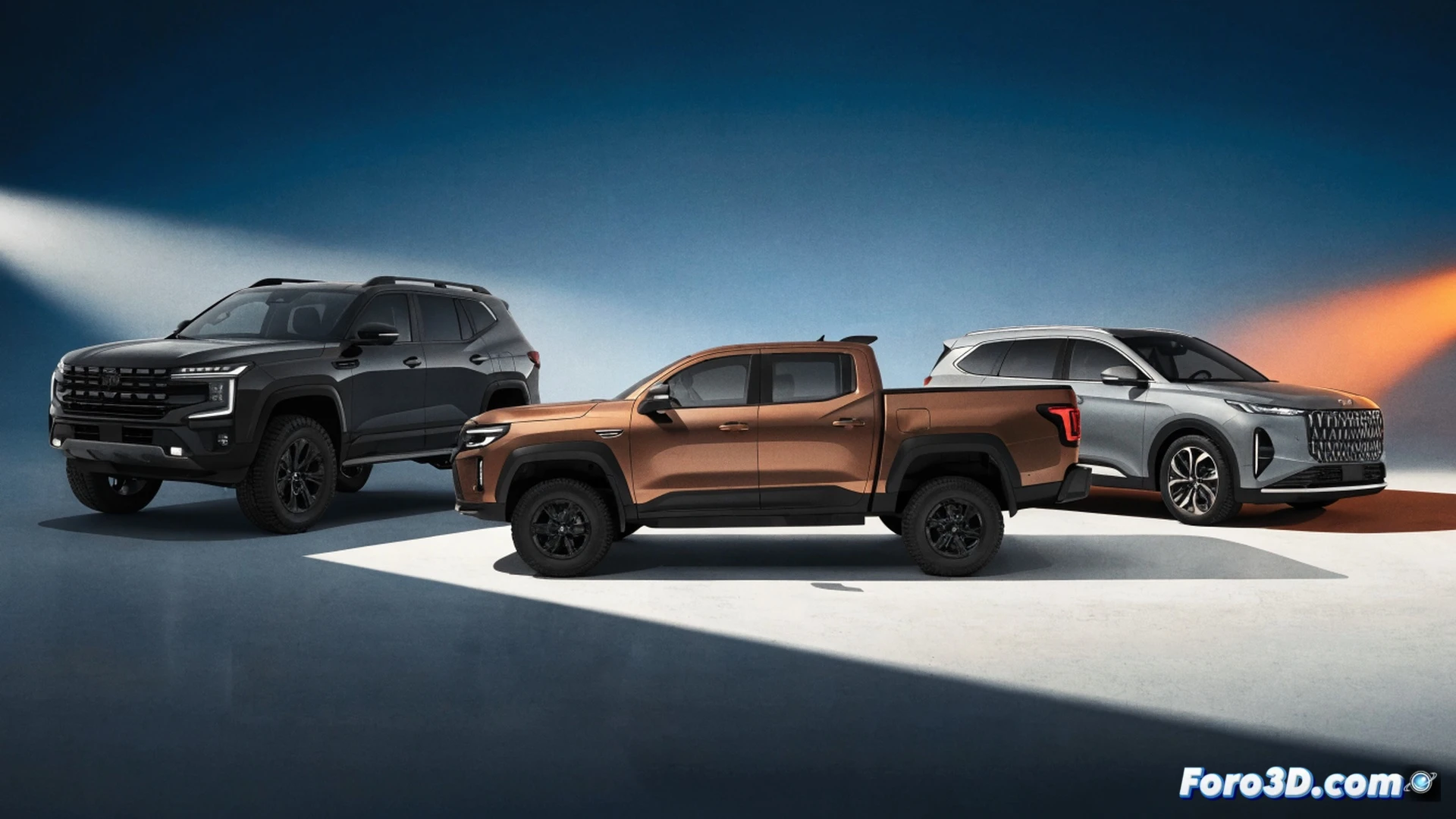 three large vehicles positioned on a Spanish coastal road at sunset, a rugged off-road SUV with mud-terrain tires climbing a rocky incline, a pickup truck with a loaded cargo bed towing a small trailer, a seven-seat plug-in hybrid minivan with charging cable connected to a roadside station, action showing vehicles in motion demonstrating their capabilities, dust rising from tires, technical components visible like suspension arms and hybrid battery pack, photorealistic automotive photography style, golden hour lighting, dynamic composition, ultra-detailed body panels and chrome accents, cinematic wide-angle shot