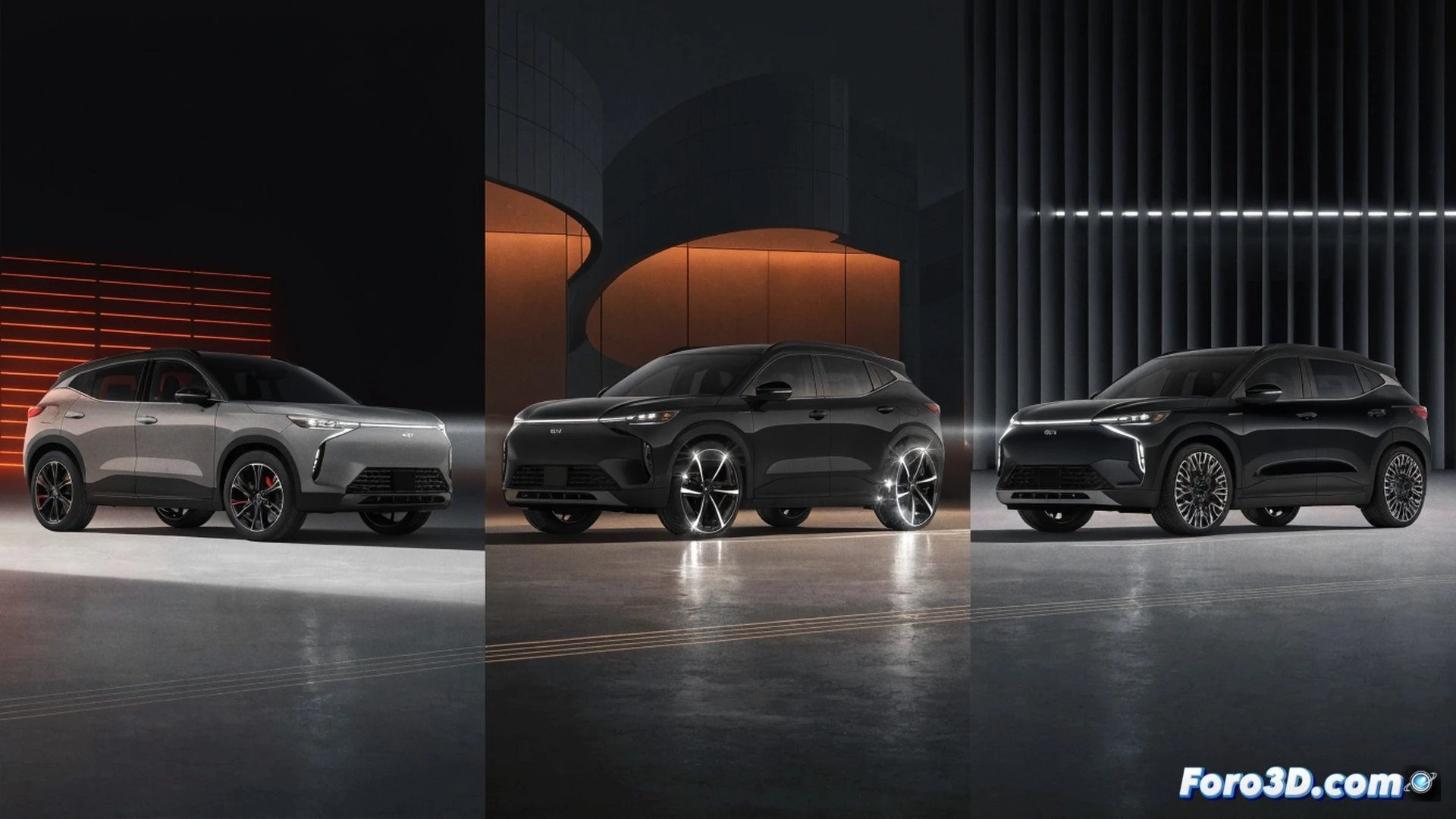 compact SUV parallel comparison scene, three GWM ORA 5 vehicles side by side in different drivetrain variants, gasoline model with engine bay open showing turbocharger and intake manifold, hybrid variant with visible battery pack and electric motor cutaway under chassis, electric version with charging port illuminated and cable connected, action of energy flow lines transitioning from fuel pump to battery to electric motor, technical illustration style, photorealistic automotive render, showroom lighting with metallic reflections, 7-year warranty badge floating above, competitive positioning against MG ZS and Omoda 5 silhouettes in background, ultra-detailed mechanical components, cinematic depth of field, dramatic studio lighting