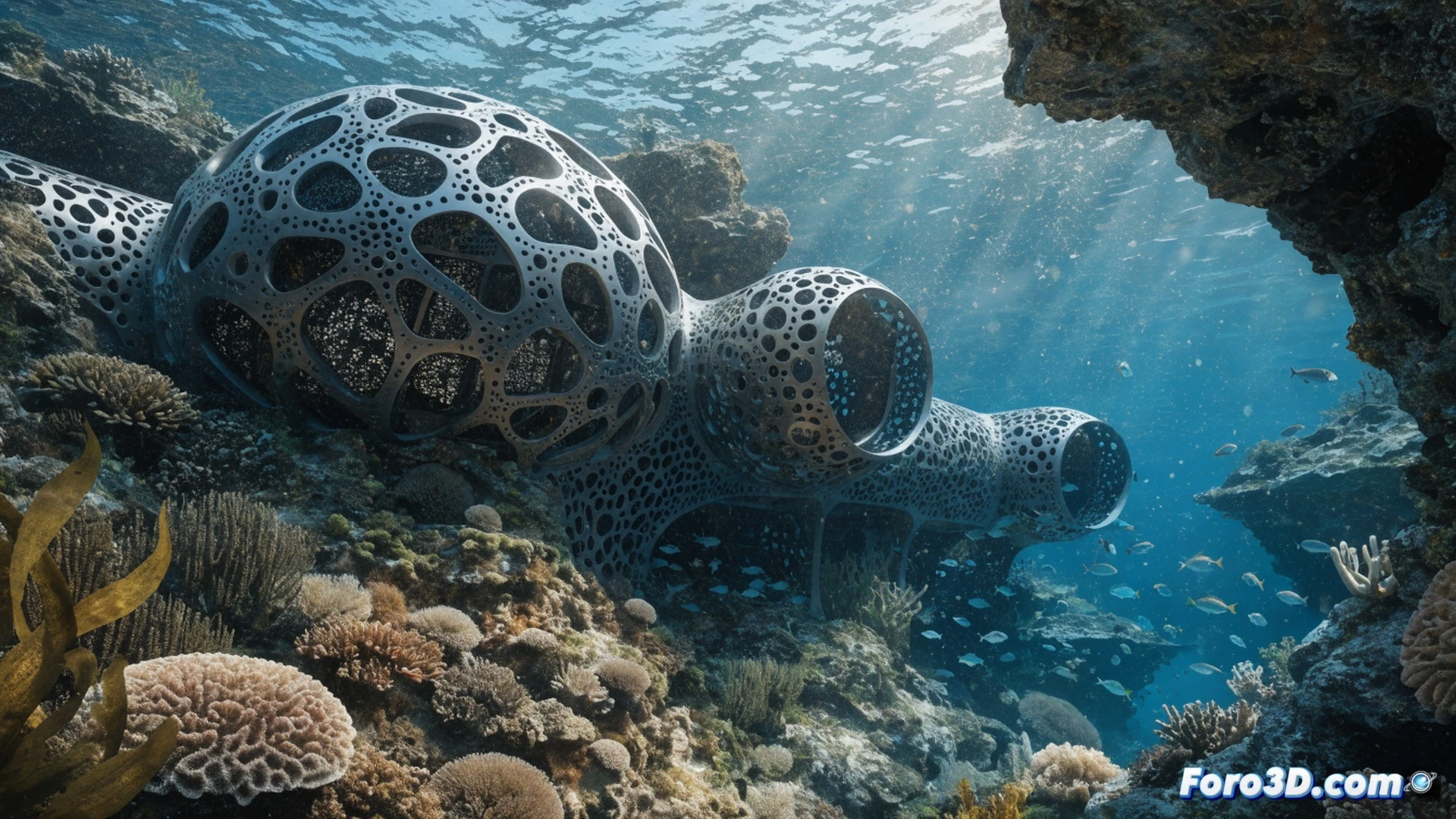 Underwater habitat Vanguard resting on Florida ocean floor, metallic 3D-printed structure with portholes glowing, two divers in scuba gear approaching the entrance while carrying scientific equipment, a robotic arm extending from the hull during maintenance, coral reef and marine life surrounding the base, cinematic engineering visualization, photorealistic deep-sea lighting with blue-green gradients, sharp details on printed metal layers, bubbles rising from exhaust vents, dramatic underwater atmosphere, ultra-detailed technical render