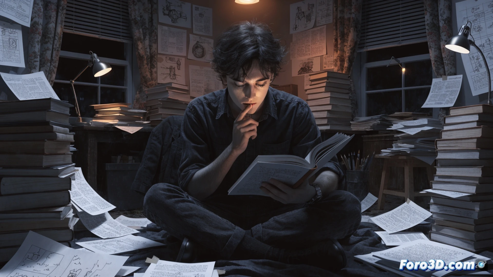 photorealistic scene of a genius inventor working late at night in a cluttered workshop, disorganized desk covered with scattered circuit boards, tangled wires, half-assembled robotic arm, open laptop showing complex code, person talking to themselves while soldering a microcontroller, solitary figure illuminated by desk lamp, messy tools and coffee cups, thoughtful expression during creative process, cinematic lighting with shadows, high-contrast mood, technical components visible, engineering visualization style, detailed electronic parts and mechanical prototypes
