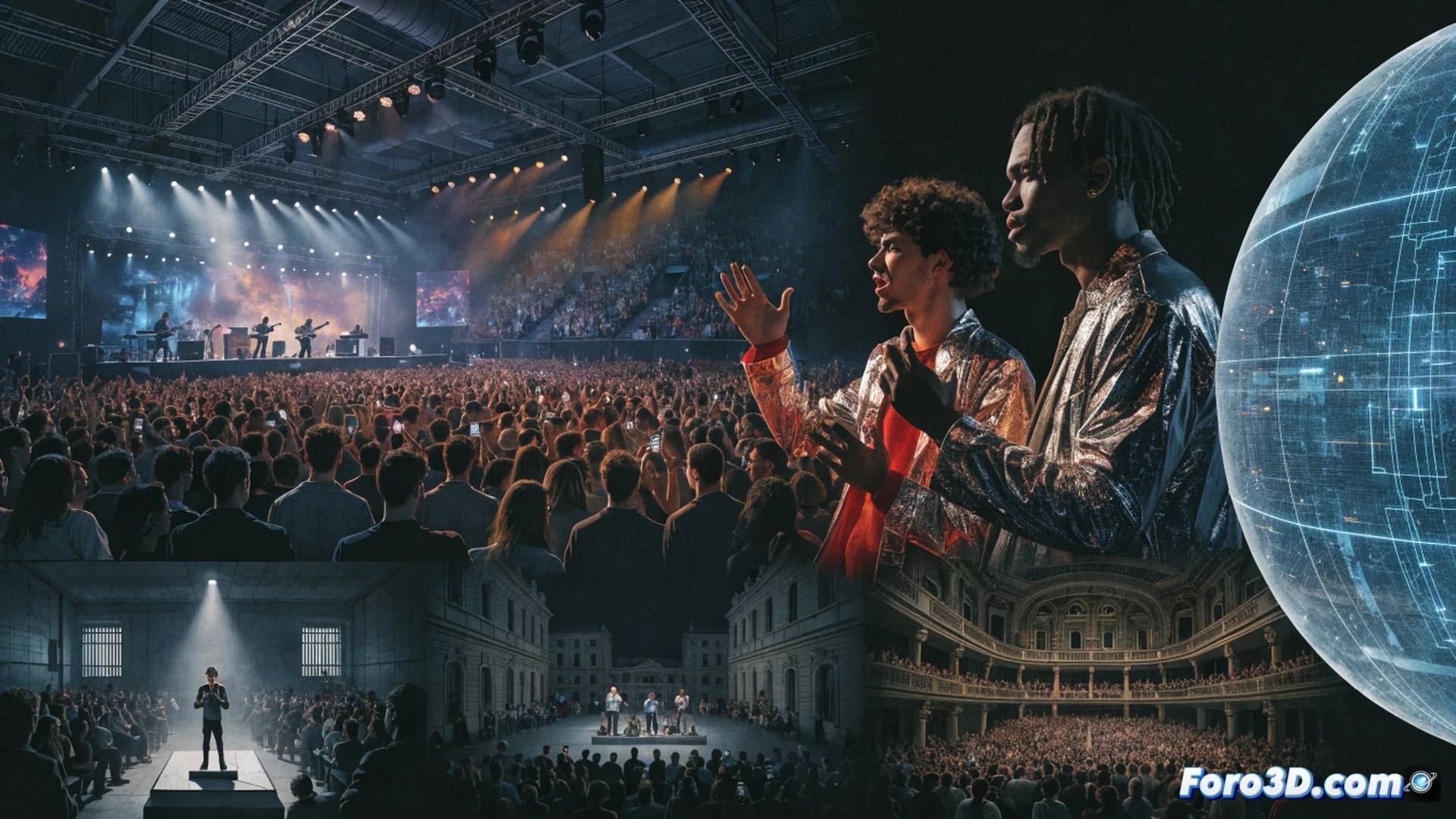 massive concert stage being assembled in a futuristic indoor arena, workers connecting modular lighting trusses and sound system arrays, digital ticket sales interface hologram floating above a control console showing sold-out dates, prison chapel interior visible through a split-screen effect on stage monitors, cinematic photorealistic visualization, dramatic spotlights cutting through haze, metallic rigging cables under tension, glowing LED floor panels during setup process, ultra-detailed technical equipment, wide-angle perspective emphasizing scale
