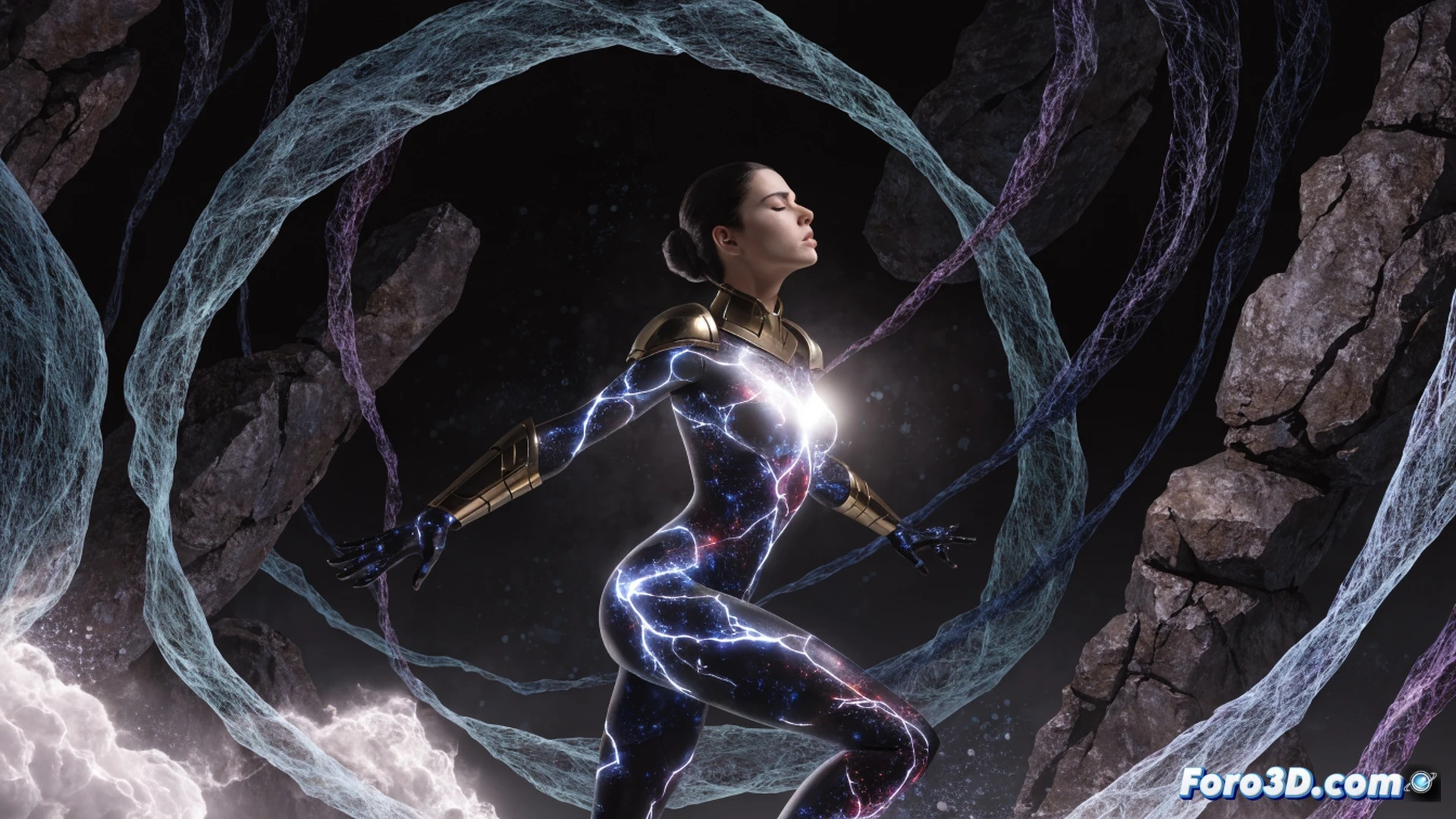 Halo standing in a dimly lit DC database vault, her body emitting fractured rainbow light halos while data streams around her flicker and fade, one hand reaching toward a glowing Outsiders emblem on a cracked monitor screen, the other hand trailing digital energy particles that dissolve into static, cinematic comic book illustration style, dramatic chiaroscuro lighting with cyan and magenta highlights, her costume rendered in detailed fabric textures with glowing circuitry patterns, background showing rows of archived superhero files with corrupted data displays, motion blur on her light projections as they struggle to maintain form, ultra-detailed character render with photorealistic skin and hair, melancholic atmosphere with fading holographic elements.