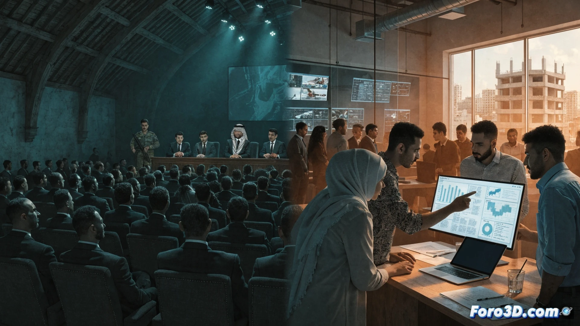Gaza administrative handover ceremony, empty government building interior, dust particles floating in sunlight through broken windows, a stack of official documents being passed from a Hamas military figure to a civilian technocrat wearing a suit, both hands visible mid-transfer, technical blueprint rolled under the arm of the technocrat, cracked concrete walls with exposed wiring, a tablet device on the table displaying a city reconstruction plan, photorealistic cinematic visualization, dramatic chiaroscuro lighting, deep shadows contrasting with harsh daylight, realistic textures of worn furniture and rubble, documentary-style composition, ultra-detailed environmental storytelling