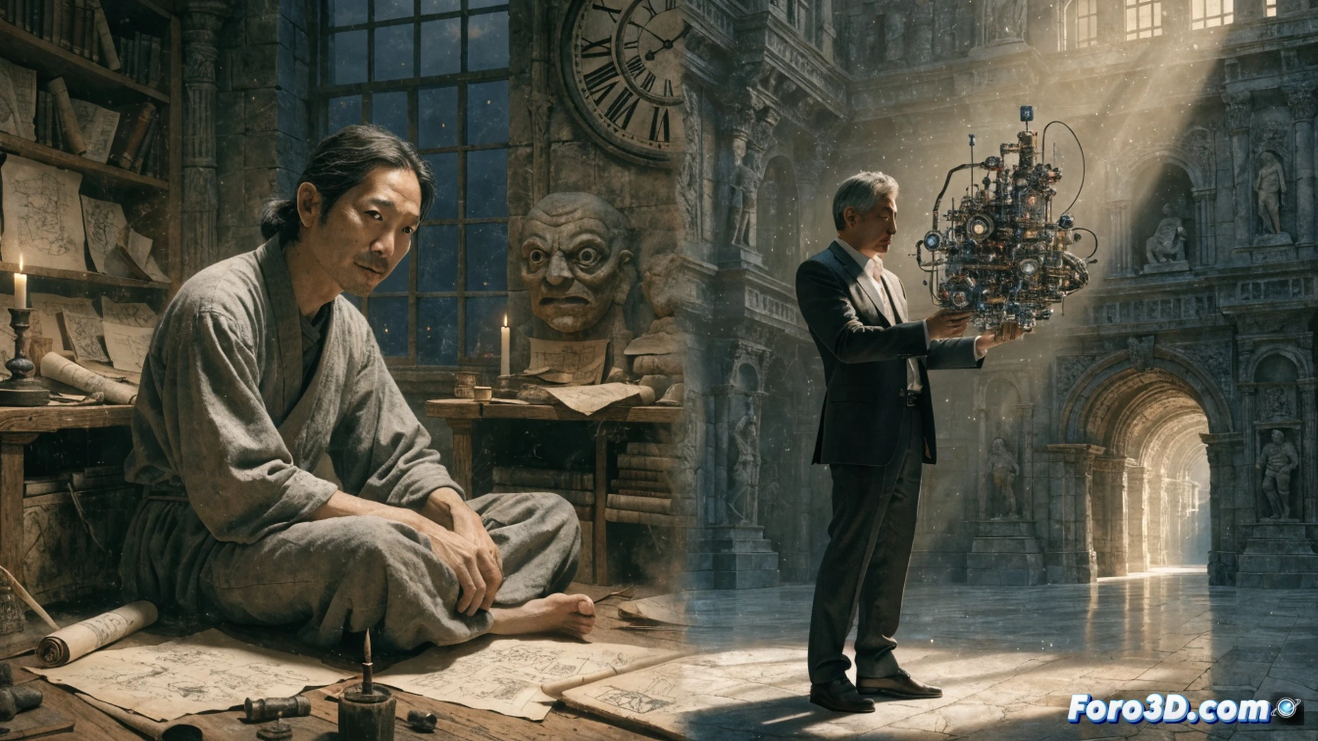 cinematic scene of a medieval knight statue crumbling apart to reveal an intricate clockwork mechanism inside, gears and springs exposed, while a designer hand sketches complex world maps on translucent blueprint layers in the foreground, glowing embers from a bonfire behind illuminate the detailed architecture, photorealistic engineering visualization, dramatic low-angle lighting, metallic textures, dark fantasy aesthetic, showing the process of creation over destruction